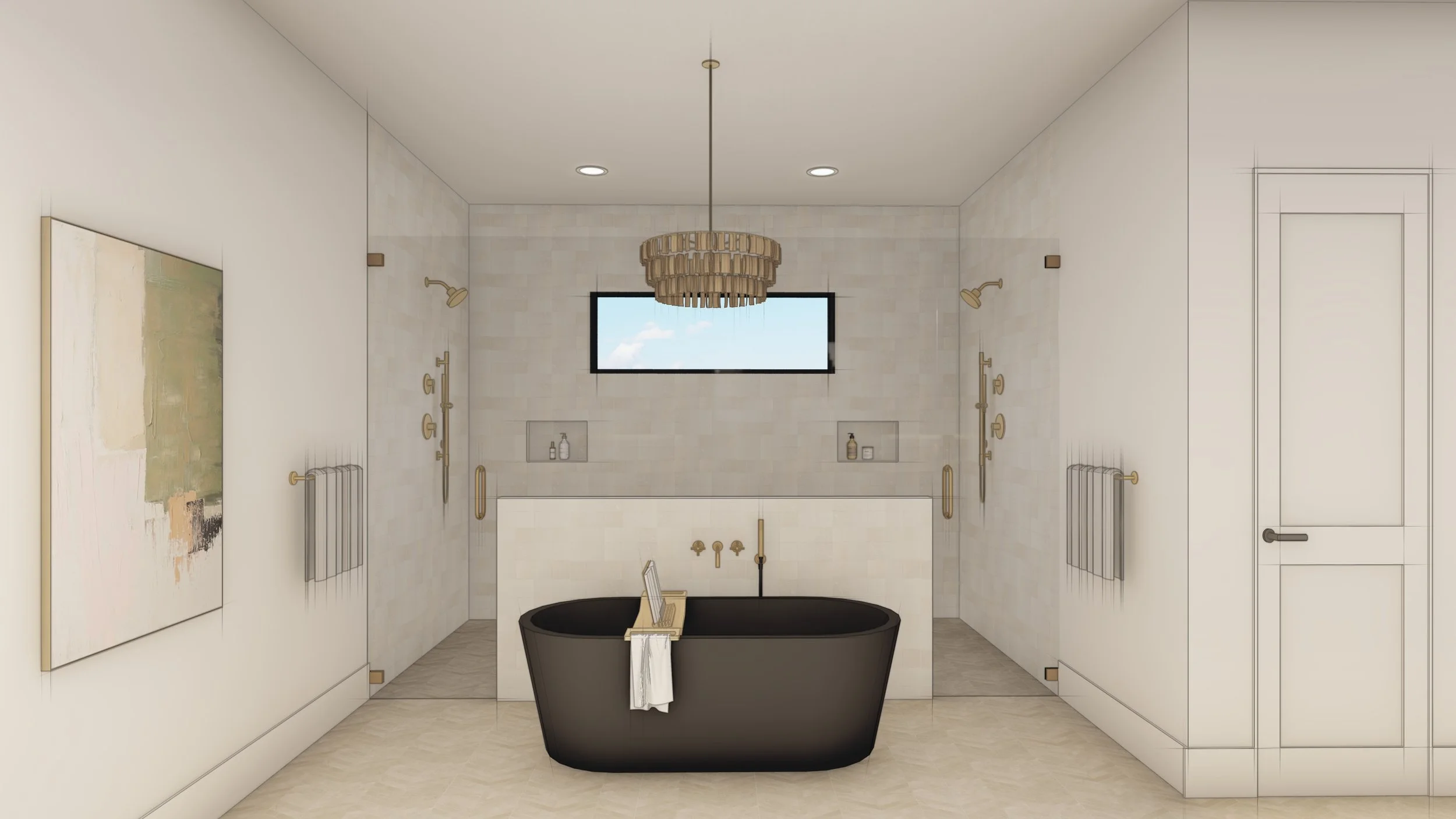 Modern bathroom with a black free-standing bathtub, a gold chandelier, a large window with a view of blue sky and clouds, wall-mounted showers with gold fixtures, and built-in shelves with toiletries.