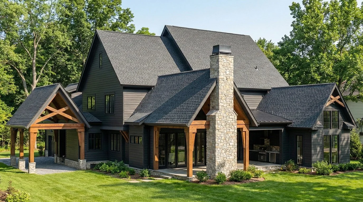 Rear elevation of a House of Severn custom home featuring a covered outdoor living porch framed by exposed timber beams and natural stone chimneys. Dark horizontal siding, steep gabled rooflines, and black-framed windows create a cohesive modern farm