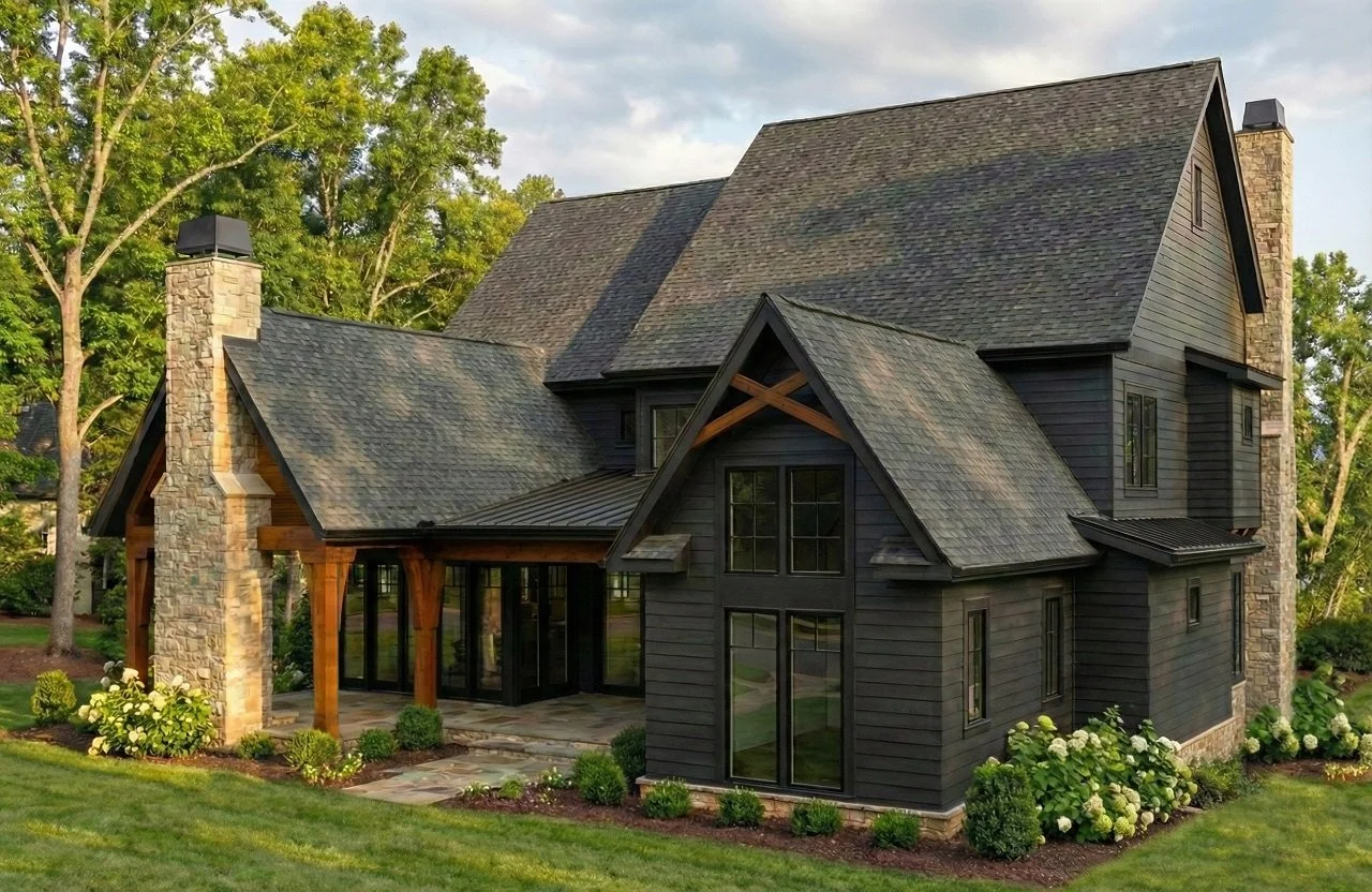 Rear elevation of a House of Severn custom home featuring a covered outdoor living porch framed by exposed timber beams and natural stone chimneys. Dark horizontal siding, steep gabled rooflines, and black-framed windows create a cohesive modern farm
