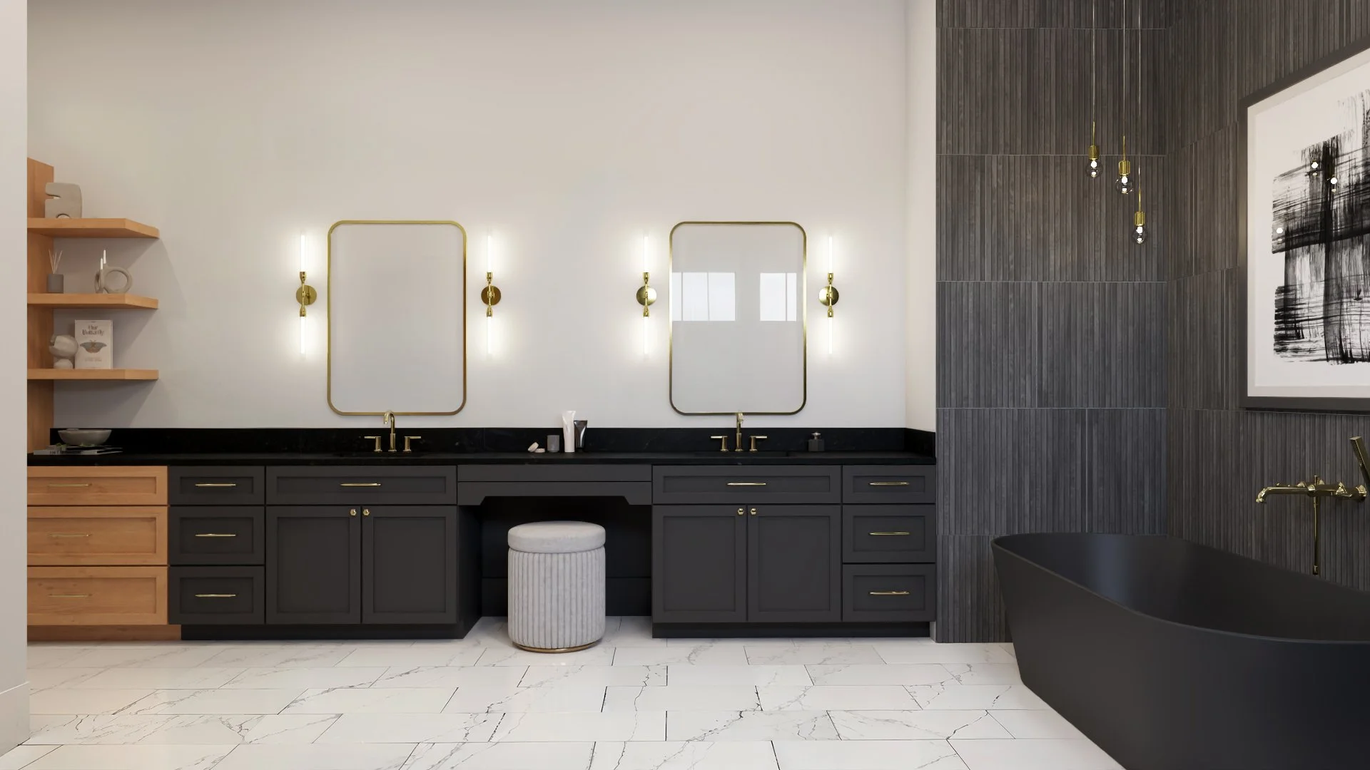 Double vanity rendering featuring black cabinetry, brass fixtures, and modern mirrors in a House of Severn primary bathroom.