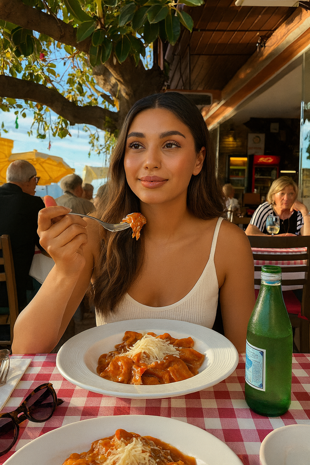 A woman in a white tank top sitting at a table outdoors, eating a plate of pasta with cheese, with a green bottle of sparkling water on the table, and other people dining in the background under a tree and a wooden awning.
