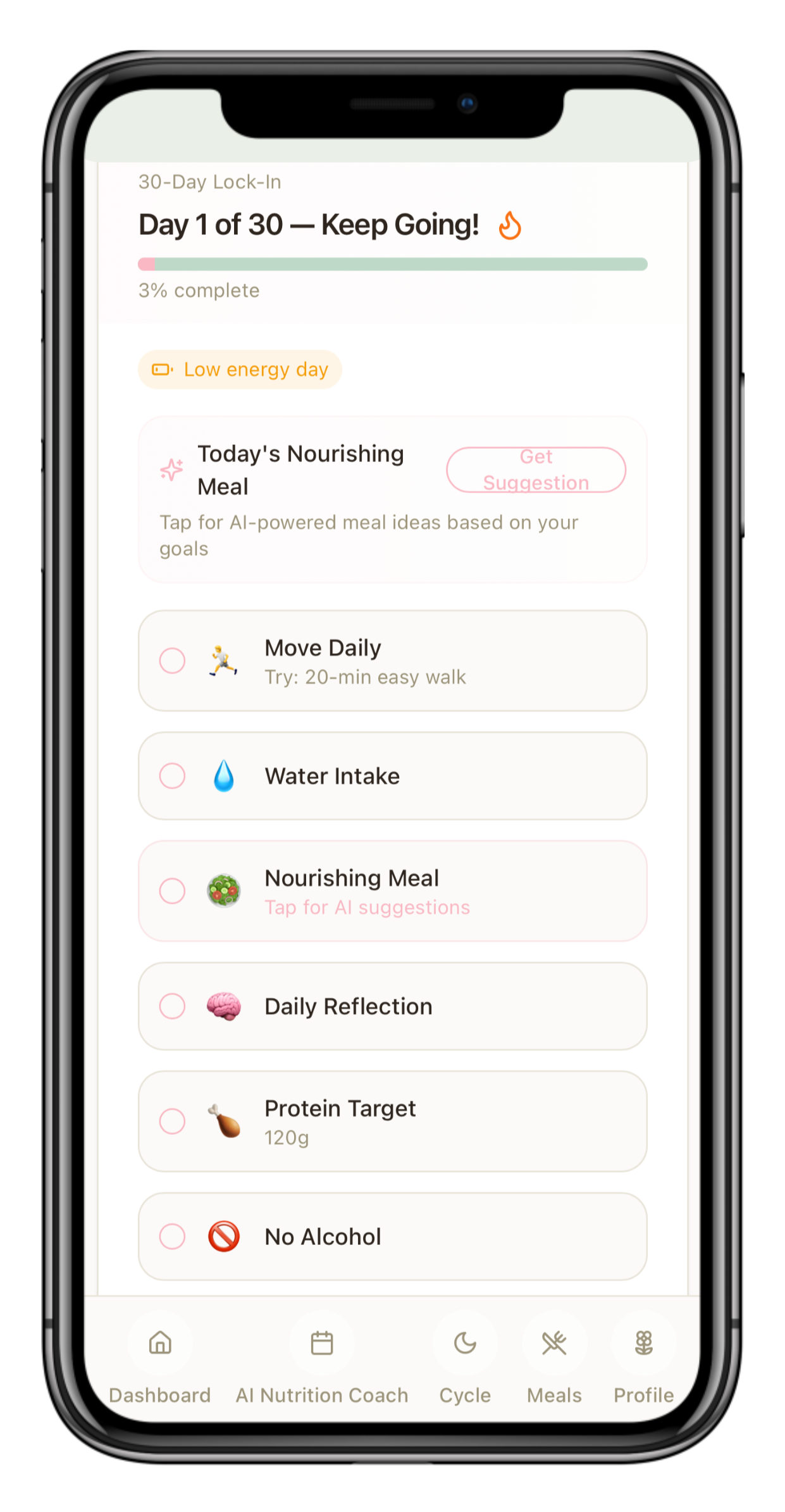 Mobile app screen showing a 30-day health and wellness tracking plan, with options for meals, water intake, exercise, reflection, and avoiding alcohol, with navigation icons at the bottom labeled Dashboard, AI Nutrition Coach, Cycle, Meals, and Profile.