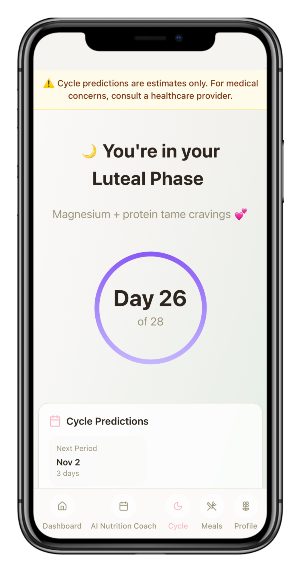 Smartphone screen displaying a health app with a message indicating the user is in their luteal phase, Day 26 of 28, with cycle predictions for the next period on November 2nd.