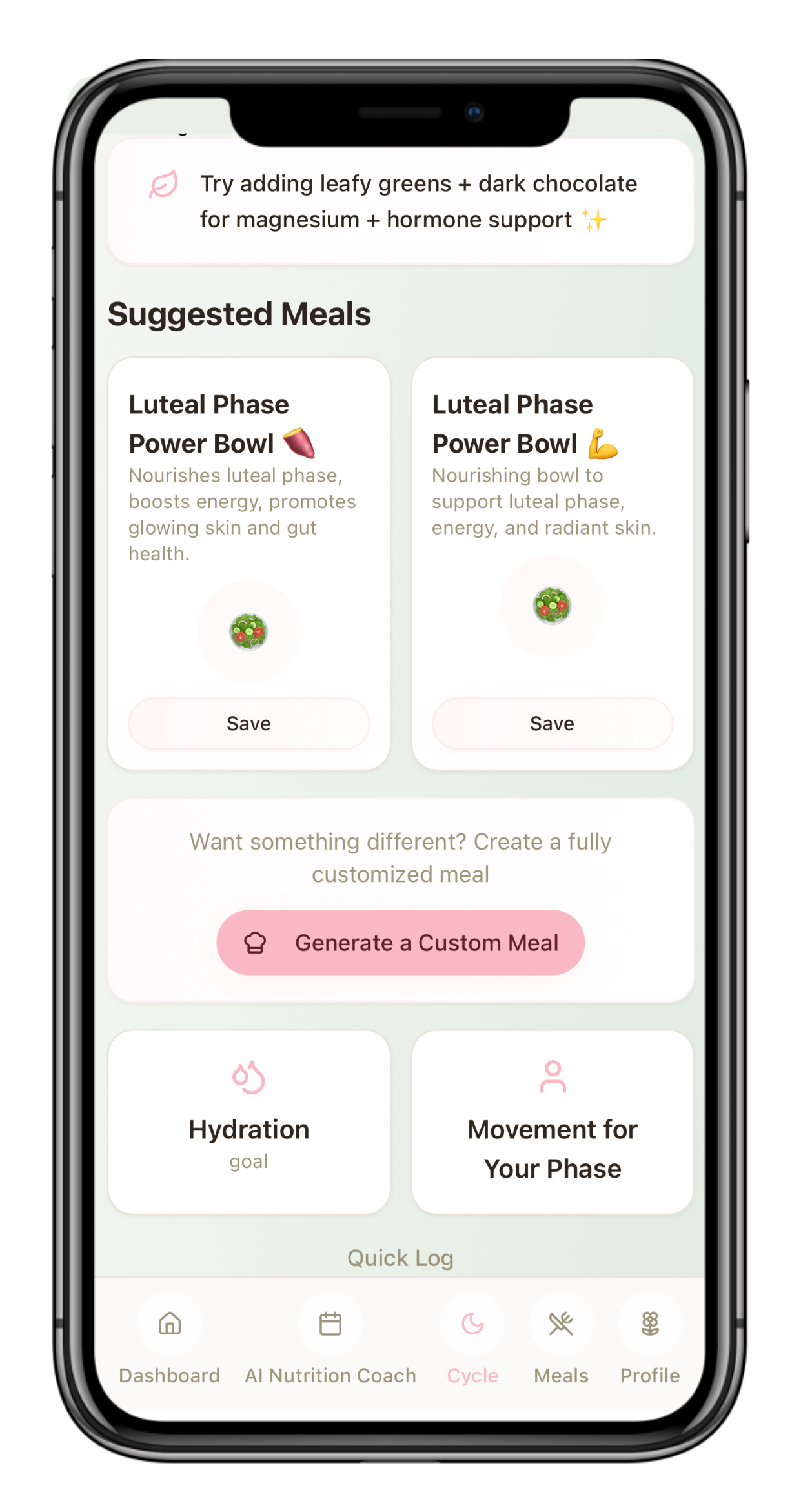 Mobile app screen showing suggested meal options focused on luteal phase power bowls, with options to save or create a custom meal, and buttons for hydration and movement for your phase.