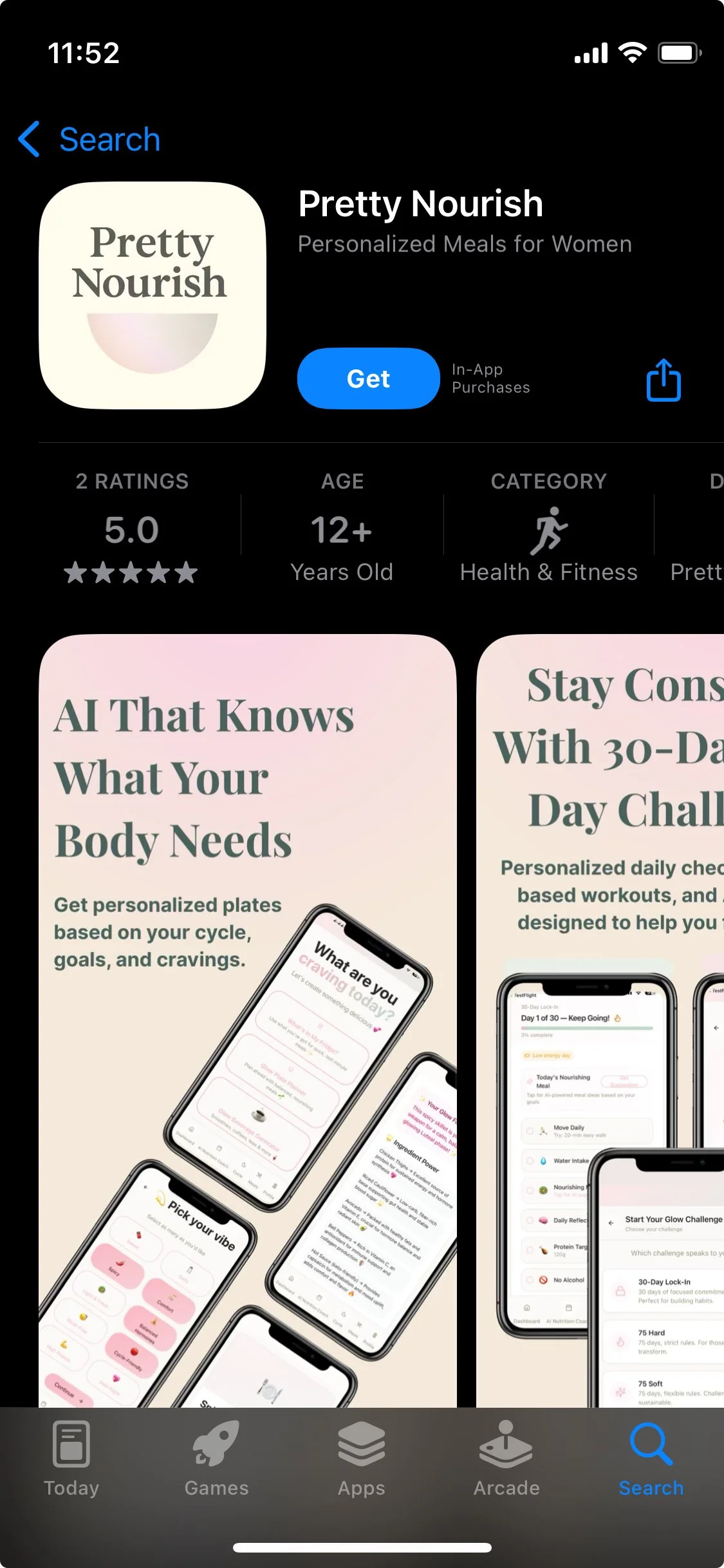 Screenshot of a mobile app store page for the app Pretty Nourish, which offers personalized meal plans and health routines for women aged 12 and above, with a 5-star rating based on two reviews.