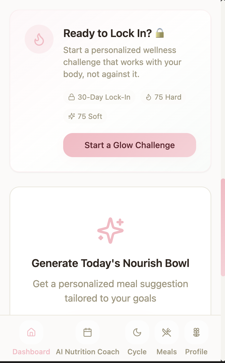 App screen with wellness challenges, including lock-in, glow challenge, and nourishment options, with icons and navigation menu at the bottom.