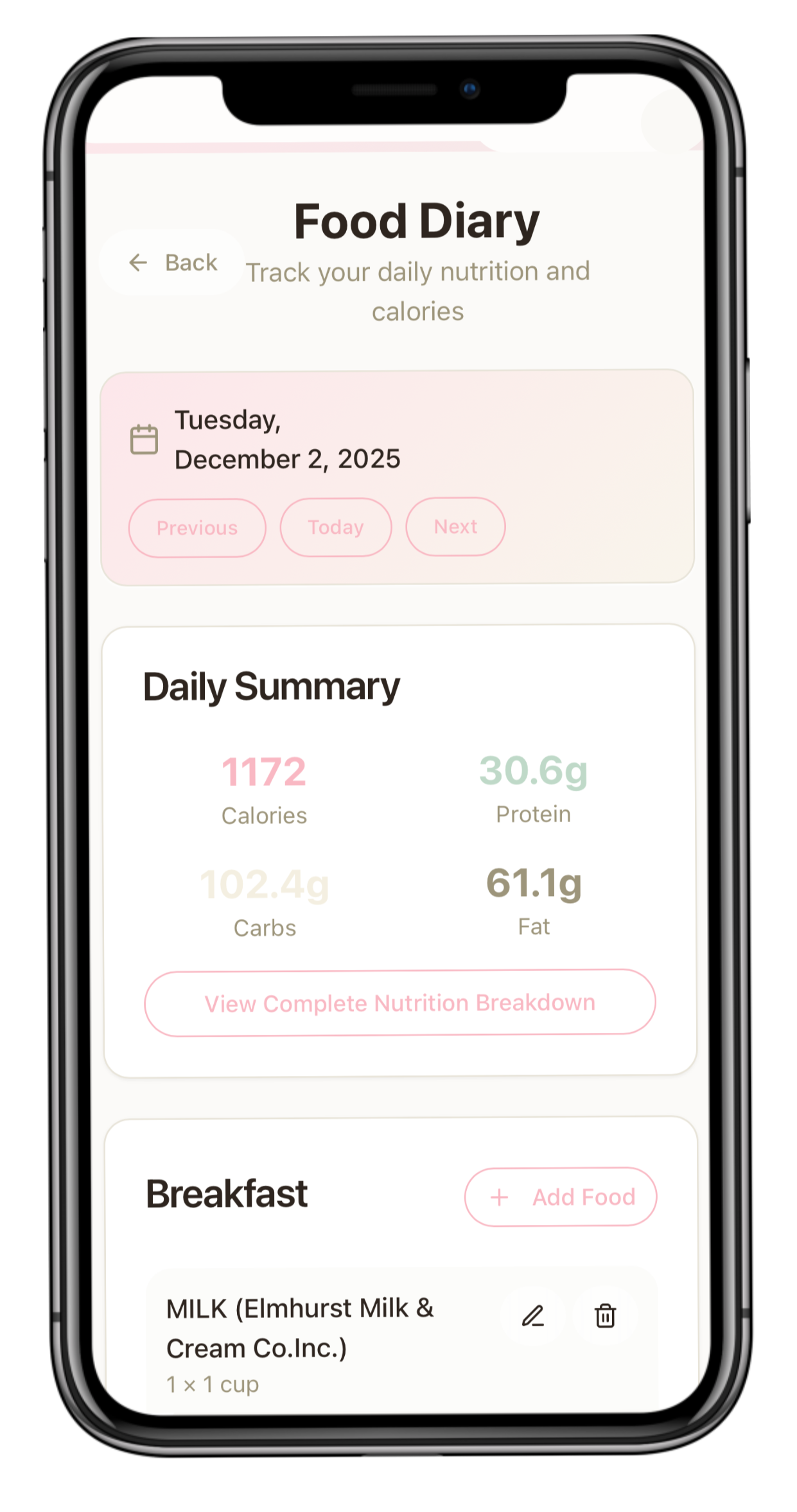 Screenshot of a food diary app tracking daily intake, showing date December 2, 2025, with summary of calories, protein, carbs, and fat. Breakfast includes milk from Elmhurst Milk & Cream Co. Inc.
