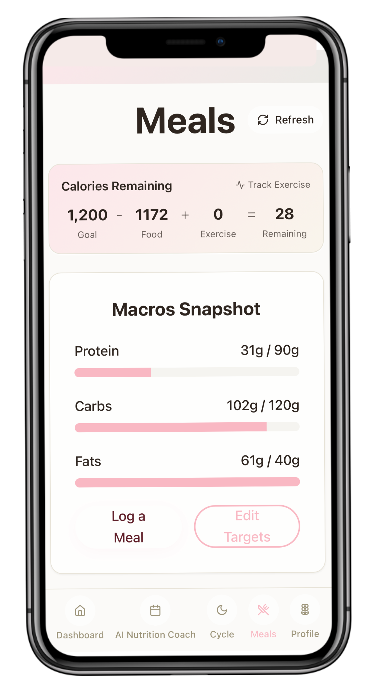 Smartphone screen displaying a nutrition app with sections for meals, calories remaining, and macro snapshot including protein, carbs, and fats, with navigation icons at the bottom.