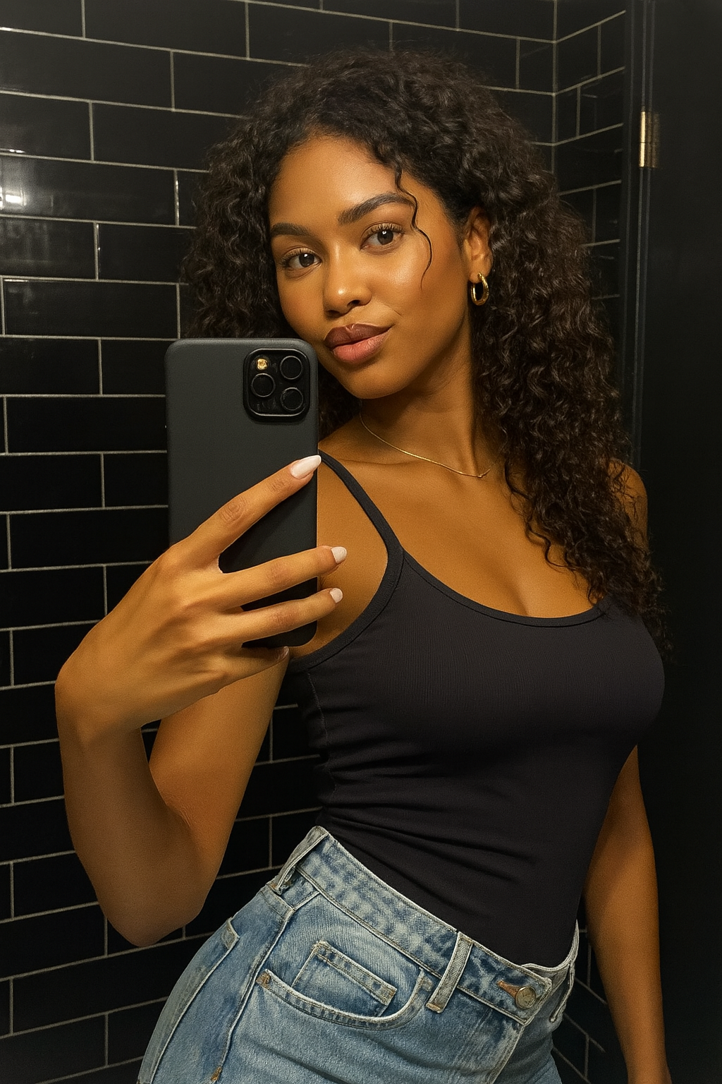 A young woman taking a selfie in a mirror with a smartphone, standing in front of black tiled walls, wearing a black tank top, light blue jeans, gold earrings, and a delicate gold necklace.