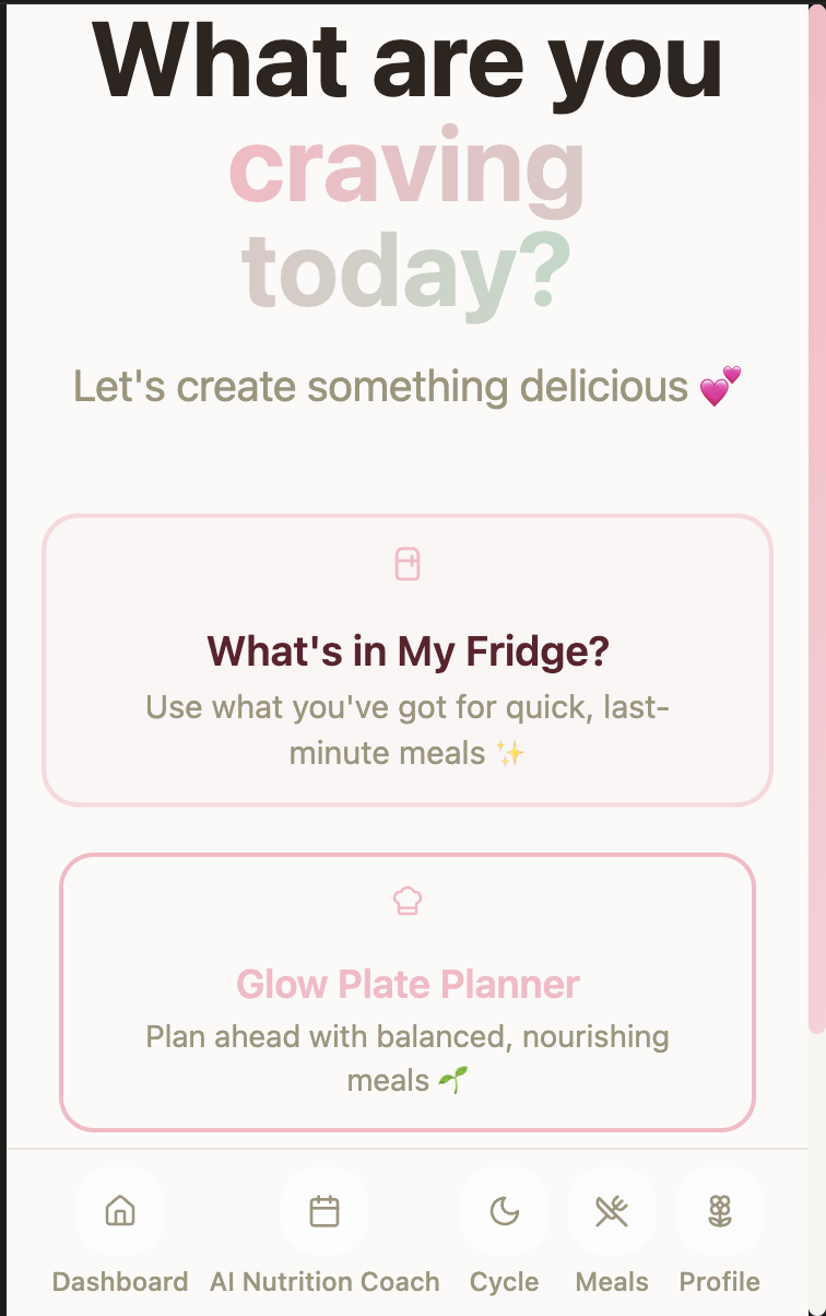 A colorful digital meal planning app screen with the title 'What are you craving today?' and options for viewing what's in the fridge and planning balanced meals on a glowing plate planner, with navigation icons at the bottom for dashboard, AI nutrition coach, cycle, meals, and profile.