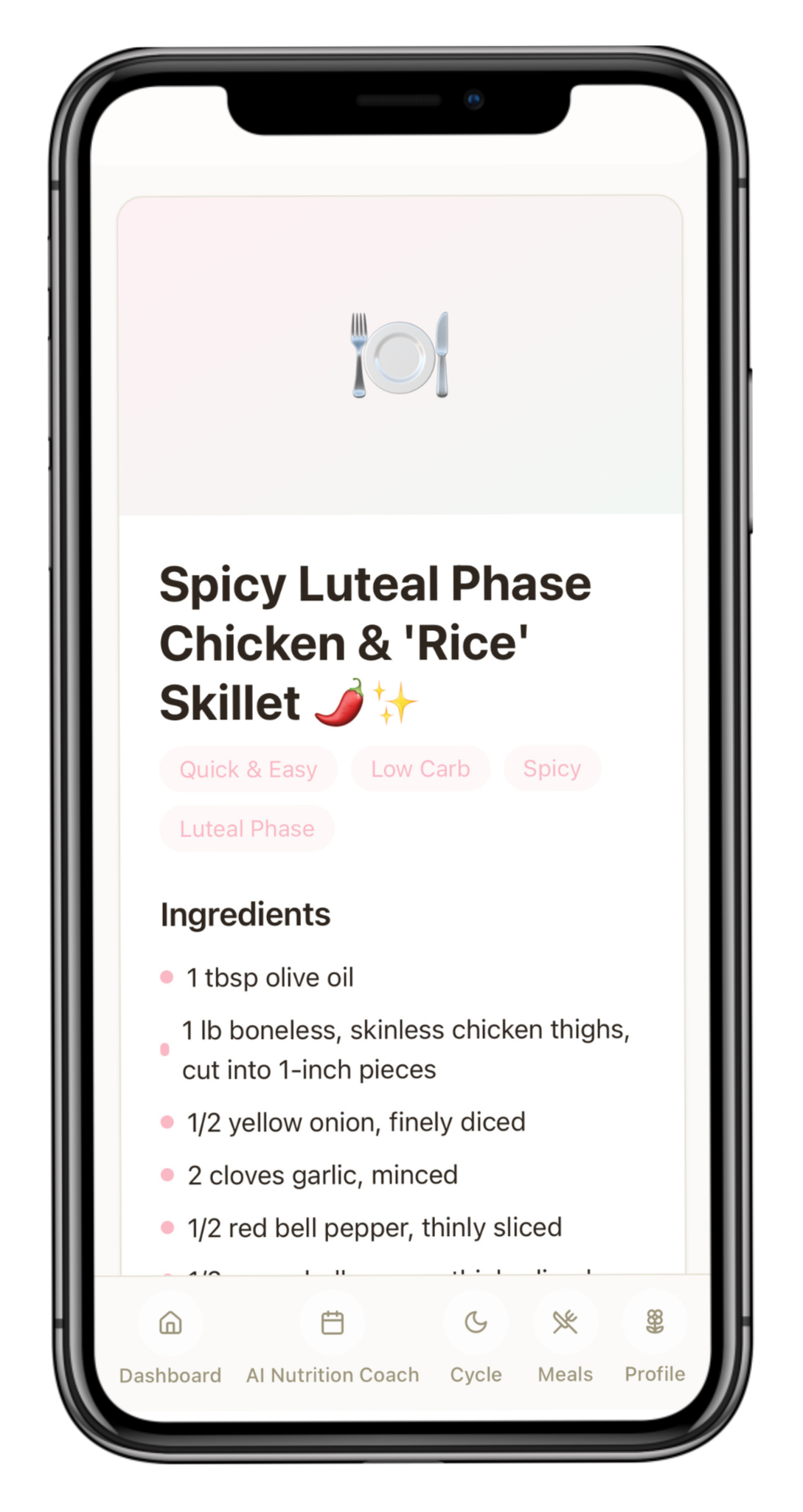 Smartphone screen displaying a recipe for spicy luteal phase chicken and rice skillet, ingredients list, and navigation icons at the bottom.
