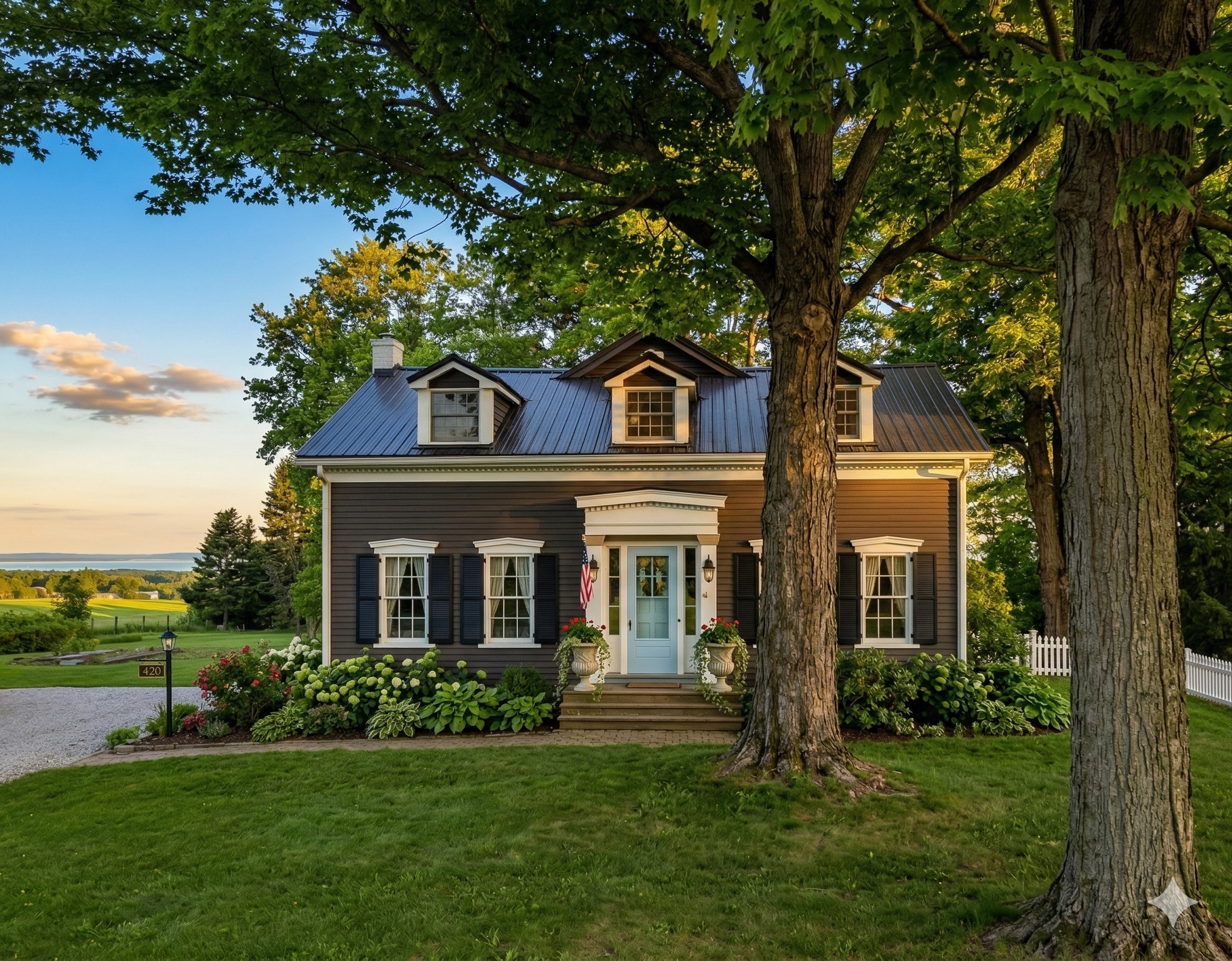 A charming two-story house with dark siding, white trim, black shutters, and a metal roof, surrounded by green trees and a well-maintained lawn, with a white picket fence on the right, during sunset.