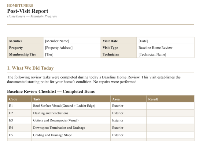 Homeowners post-visit report form with sections for member, property, visit date, visit type, technician, and a checklist of completed items for a baseline home review.