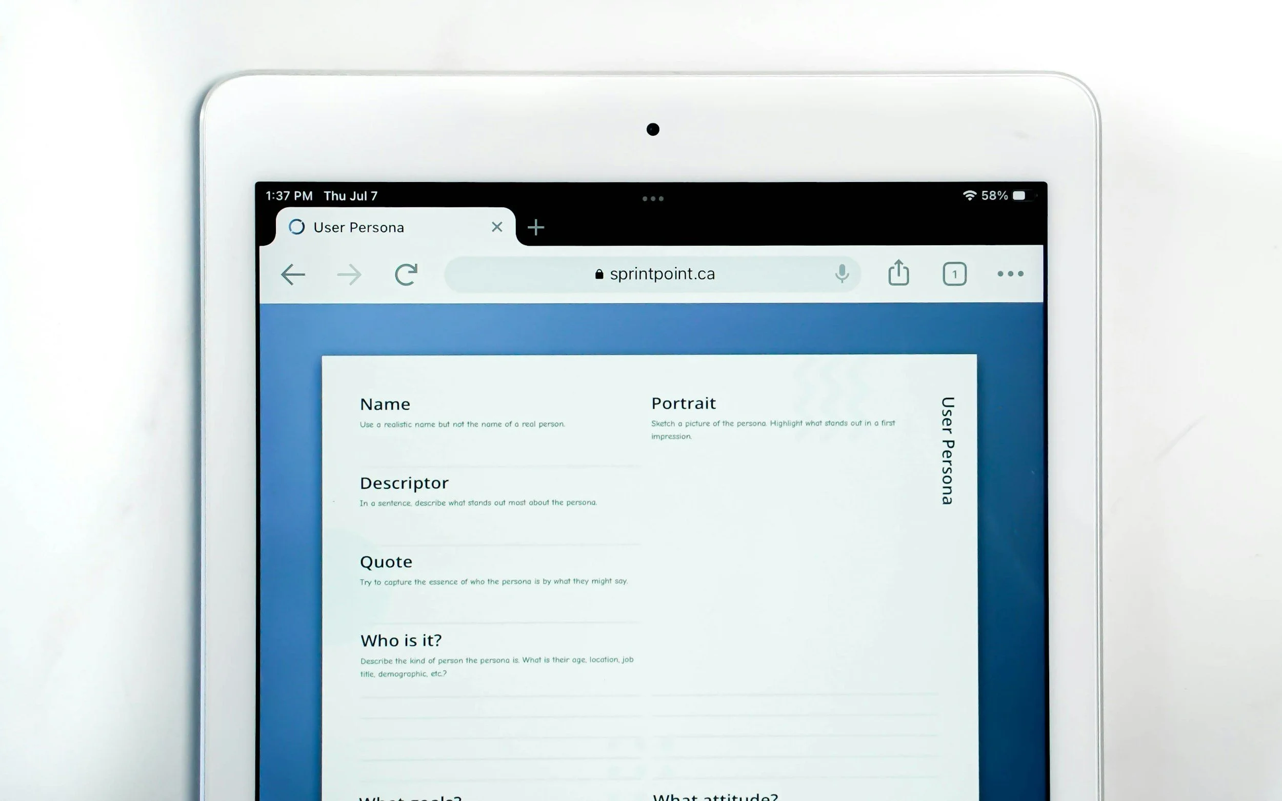 White tablet displaying a webpage titled 'User Persona' with sections for 'Name,' 'Portrait,' 'Description,' 'Quote,' and 'Who is it?'