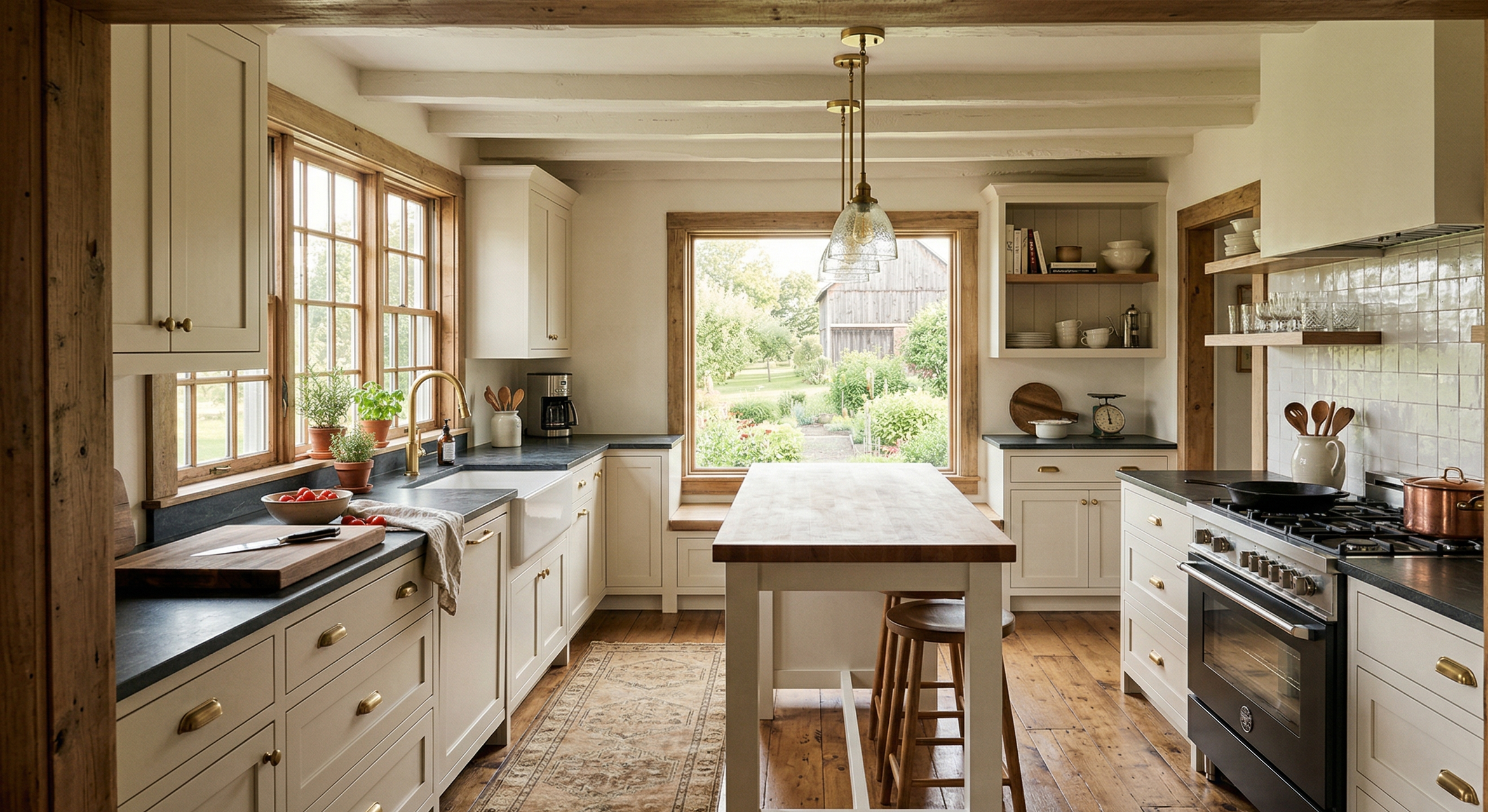 Bright, rustic kitchen with white cabinetry, black countertops, and a large window overlooking a garden. There is a kitchen island with wooden stools, a stove with copper pots, and shelves with dishes and kitchen tools.