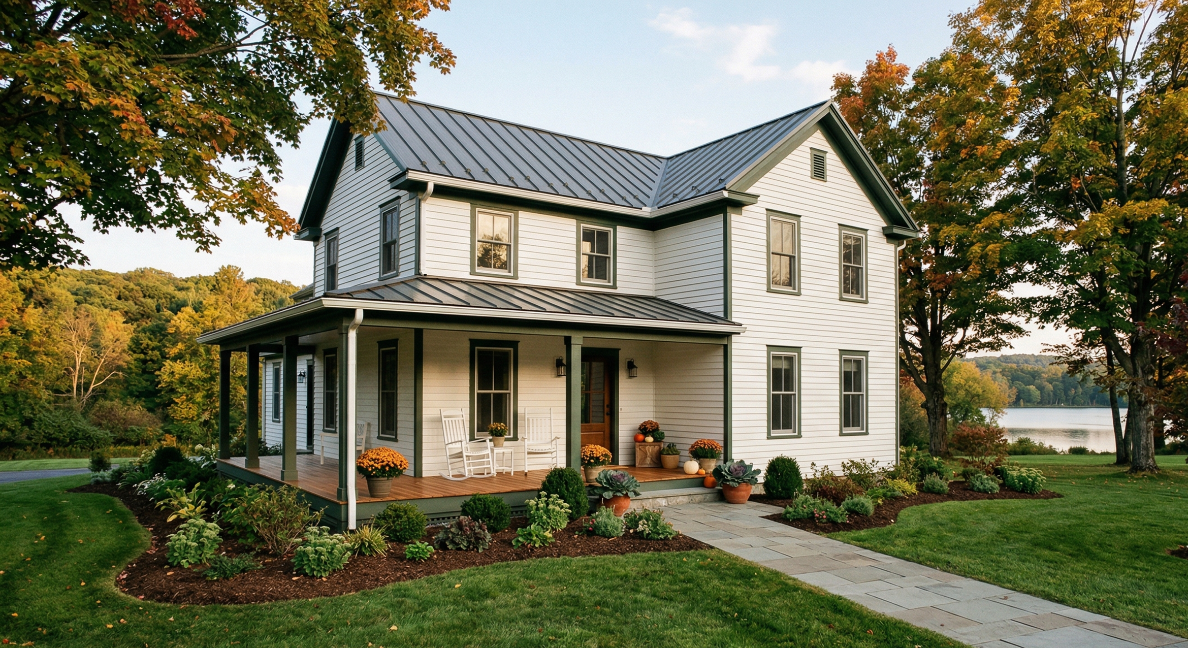 A two-story white house with black trim and a metal roof, surrounded by fall foliage and a landscaped yard with potted flowers, a porch with white rocking chairs, and a lake in the background.