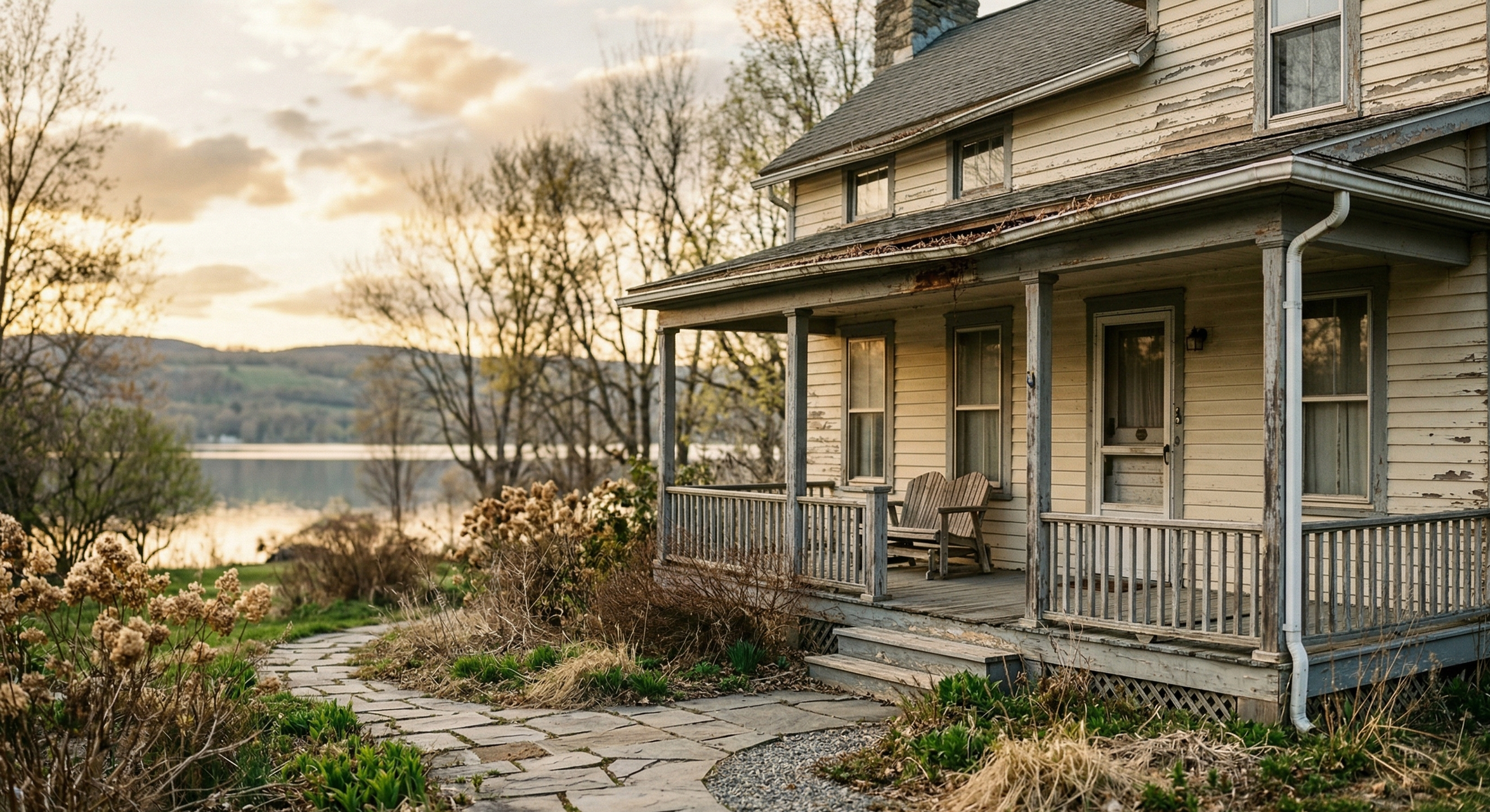 A weathered yellow two-story house with a porch, surrounded by overgrown plants and a stone pathway leading to a lake with mountains in the background at sunset.