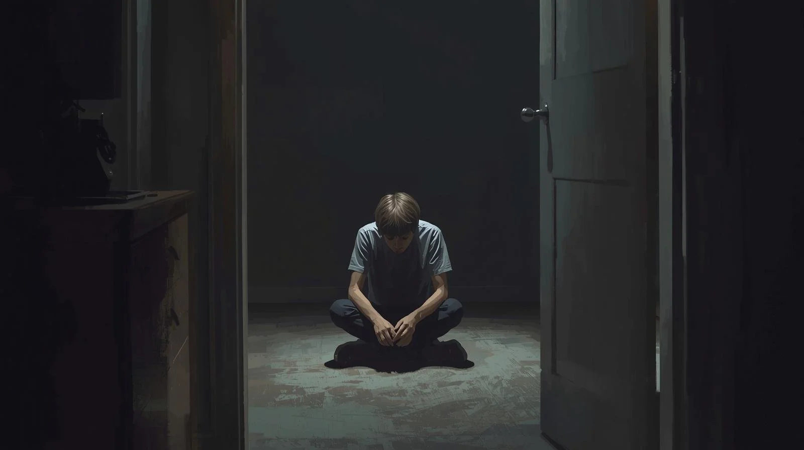 Jongen zitten op de grond depressieve geisoleerde tiener