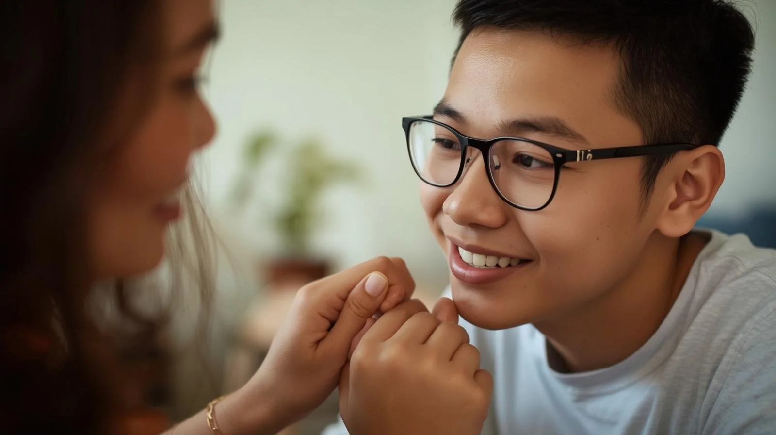 moeder pakt puber bij de hand liefhebbend