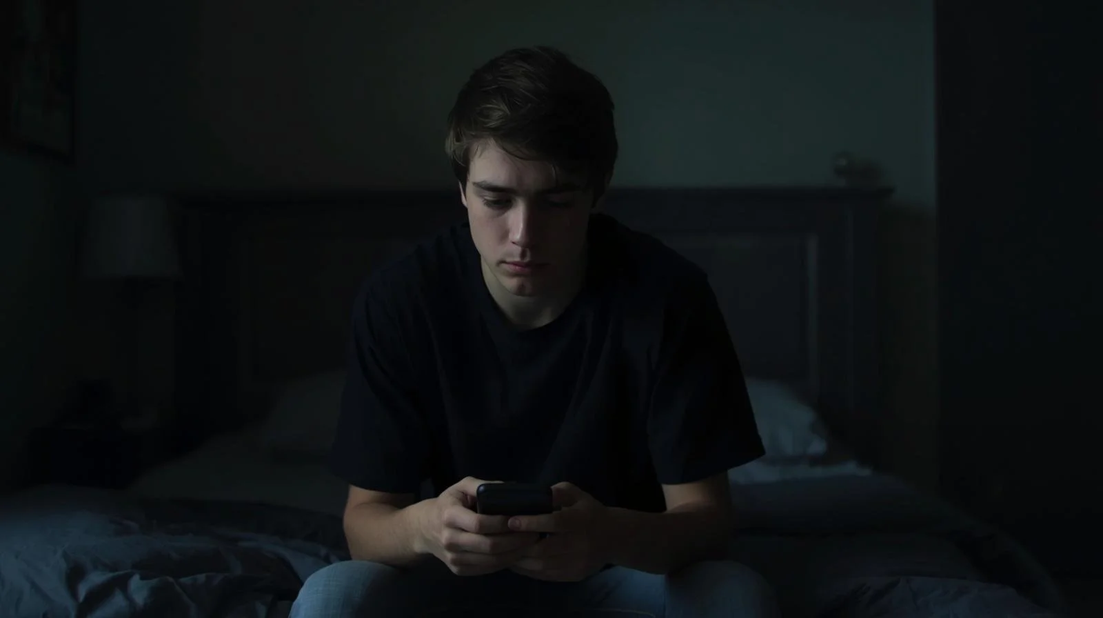 Jongen op bed met telefoon in zijn handen depressief