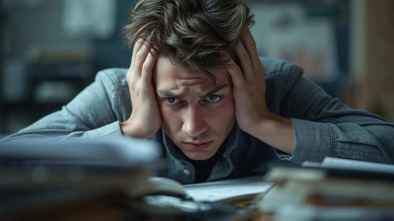 Jongen met handen in zijn haar overweldigd