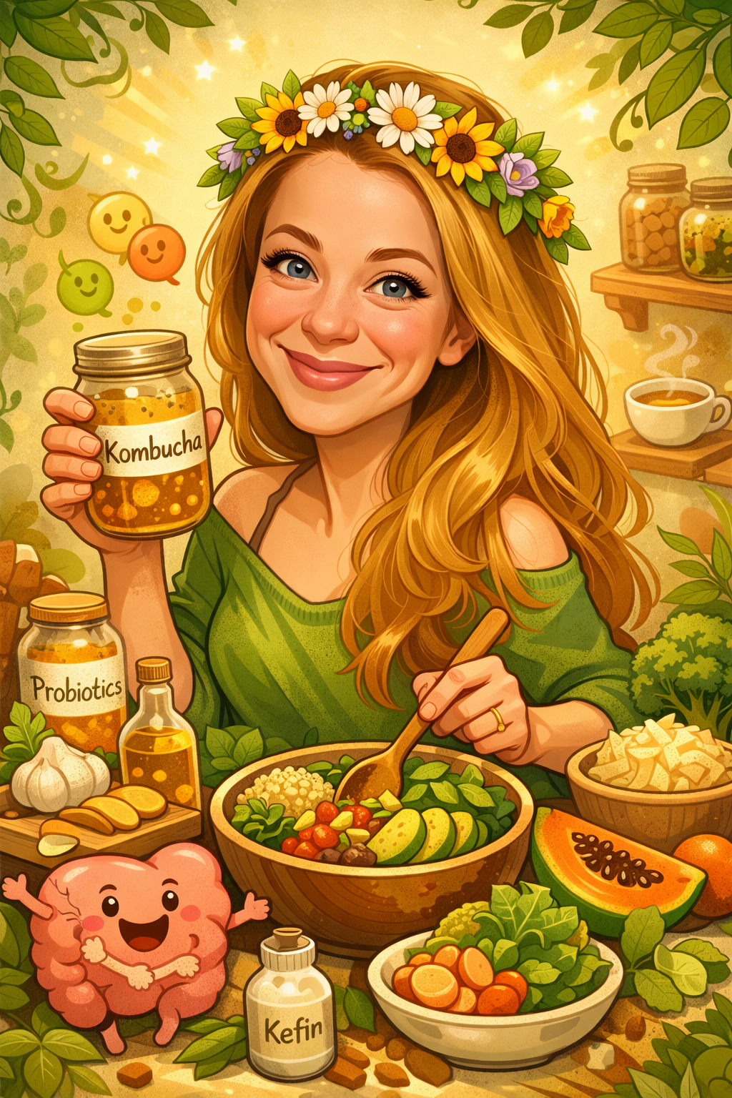 A woman with long red hair wearing a daisy and sunflower flower crown, holding a jar labeled 'Kombucha' and smiling. She is surrounded by healthy foods like a bowl of salad, papaya, and vegetables, as well as probiotic supplements and a cartoon happy gut character. The setting is bright and natural, with plants and jars of fermented foods in the background.