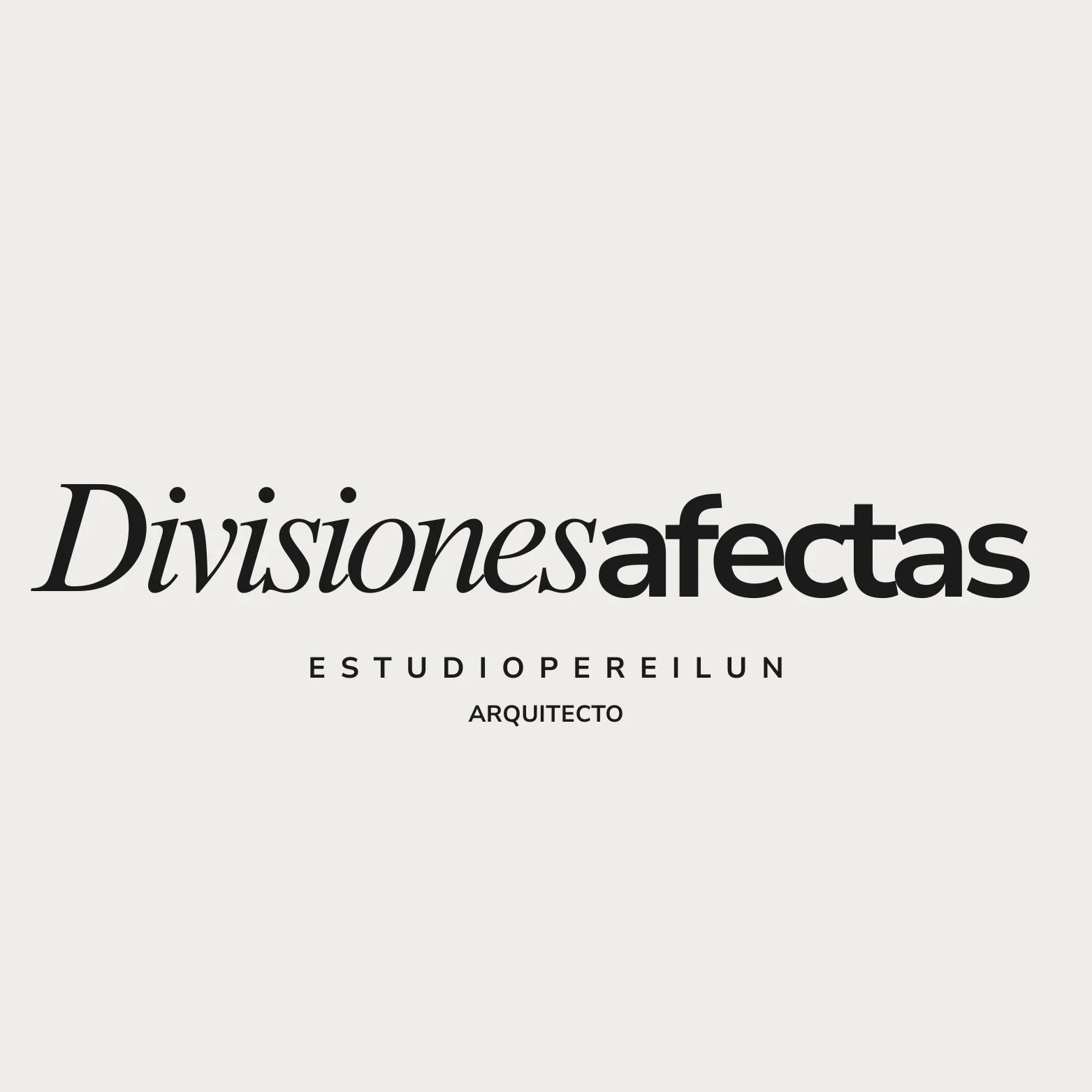 Texto que dice "Divisiones afectas" en letra grande y en negrita, y "Estudio Perei unl" y "Arquitecto" en letras más pequeñas en un fondo gris claro.