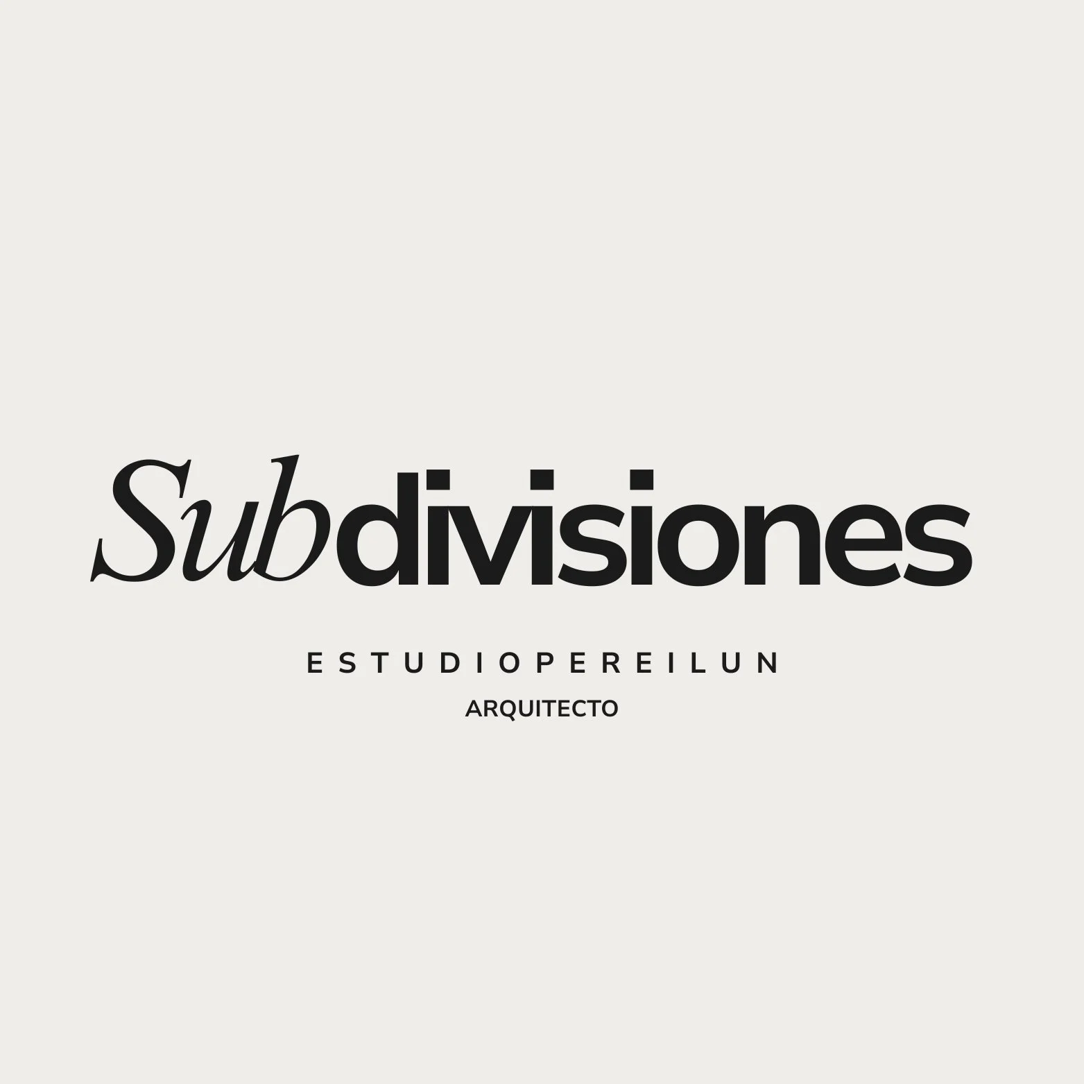 Texto con la palabra 'Subdivisiones' en letras grandes y negras, acompañada por palabras más pequeñas 'ESTUDIO PEREILUN' y 'ARQUITECTO'.
