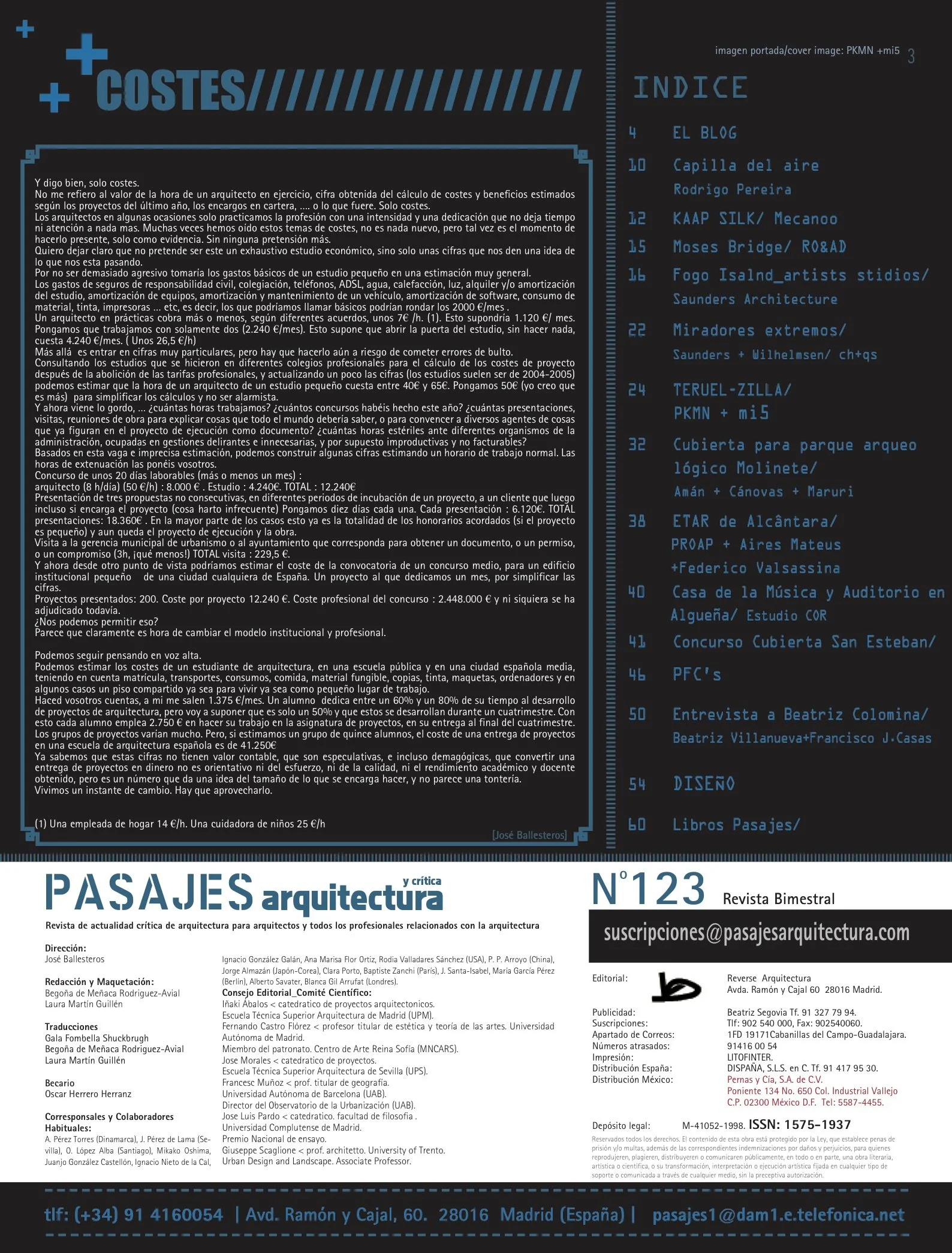 Página de una revista de arquitectura y pasajes con contenido en español, incluyendo índice, artículos, y contactos.