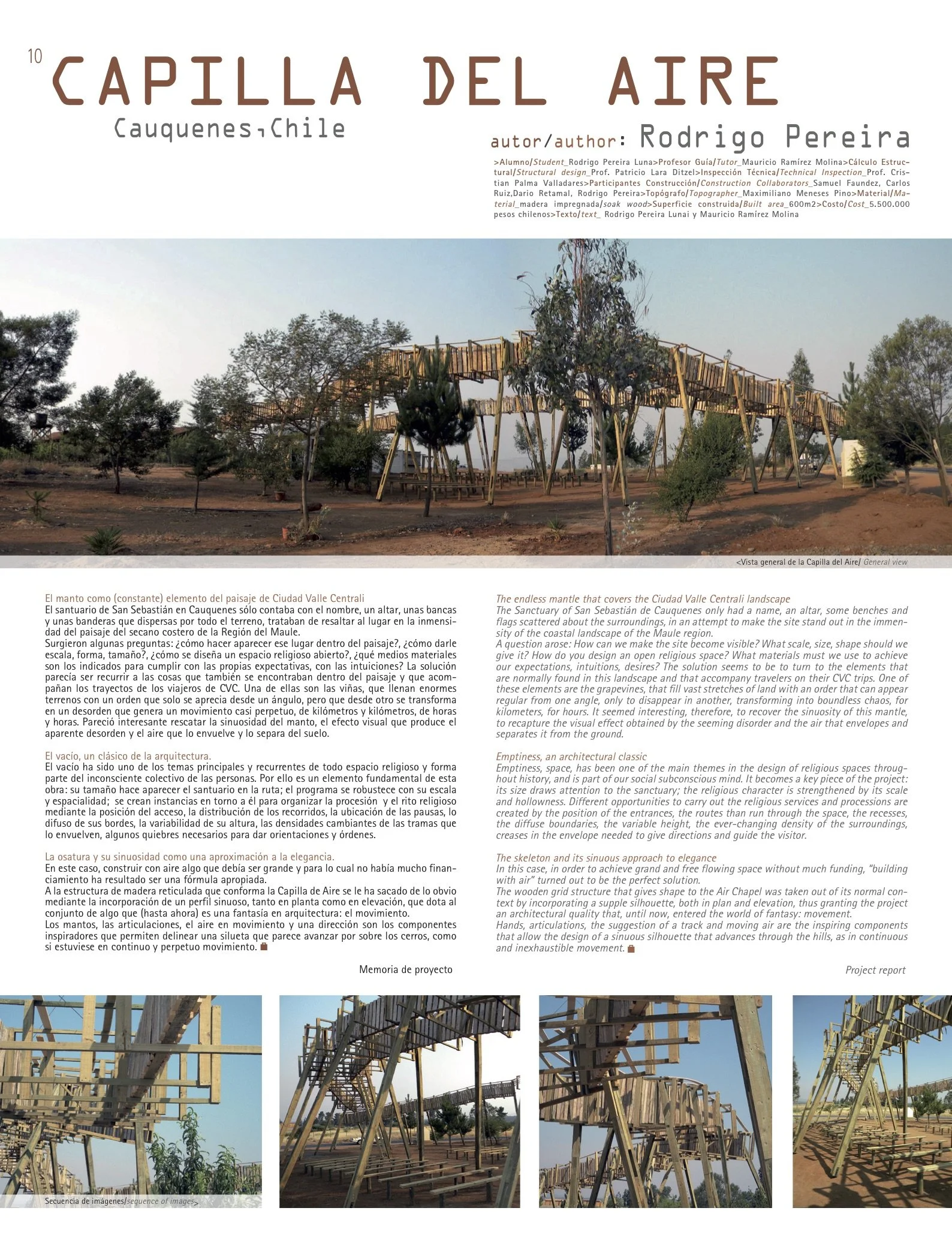 Vista general de la Capilla del Aire, estructura de madera en un paisaje árido con árboles pequeños y cielo despejado; en la parte inferior, varias imágenes en secuencia del diseño y construcción del espacio, y textos en español e inglés.