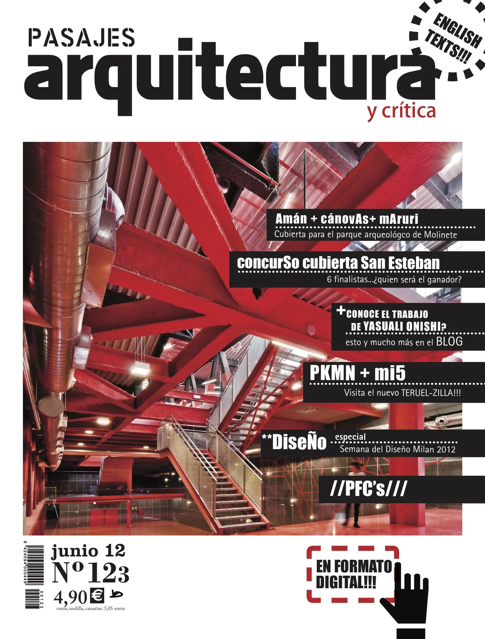 Portada de revista en formato digital sobre arquitectura y crítica, con una imagen de estructura metálica roja en un espacio interior, con textos en español y algunos en inglés