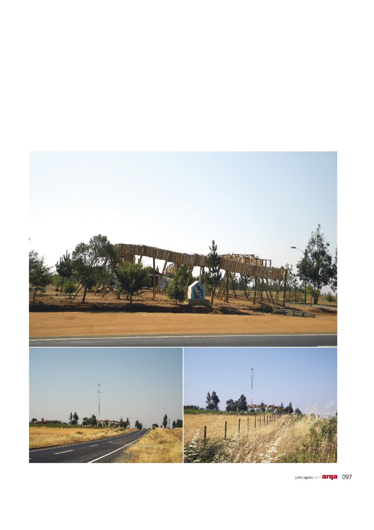 Secuela de un parque infantil en un área rural, con un tobogán de madera y árboles. Abajo hay dos imágenes: una carretera en un paisaje abierto con árboles dispersos y una torre de telecomunicaciones, y otra vista de un campo con cercas y más árboles, todo en un paisaje agrícola.