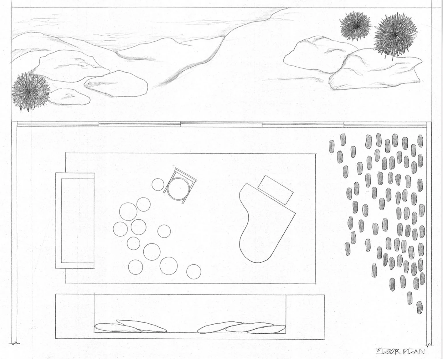 Line drawing of a landscape scene with rocks and bushes at the top, and a floor plan of a house or building below, including a patio area with a piano, table, and scattered circle-shaped objects.