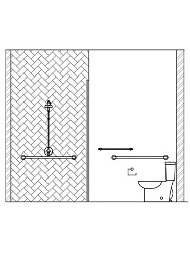 Bathroom with shower on the left and toilet on the right, including grab bars and a textured tile pattern in the shower area.