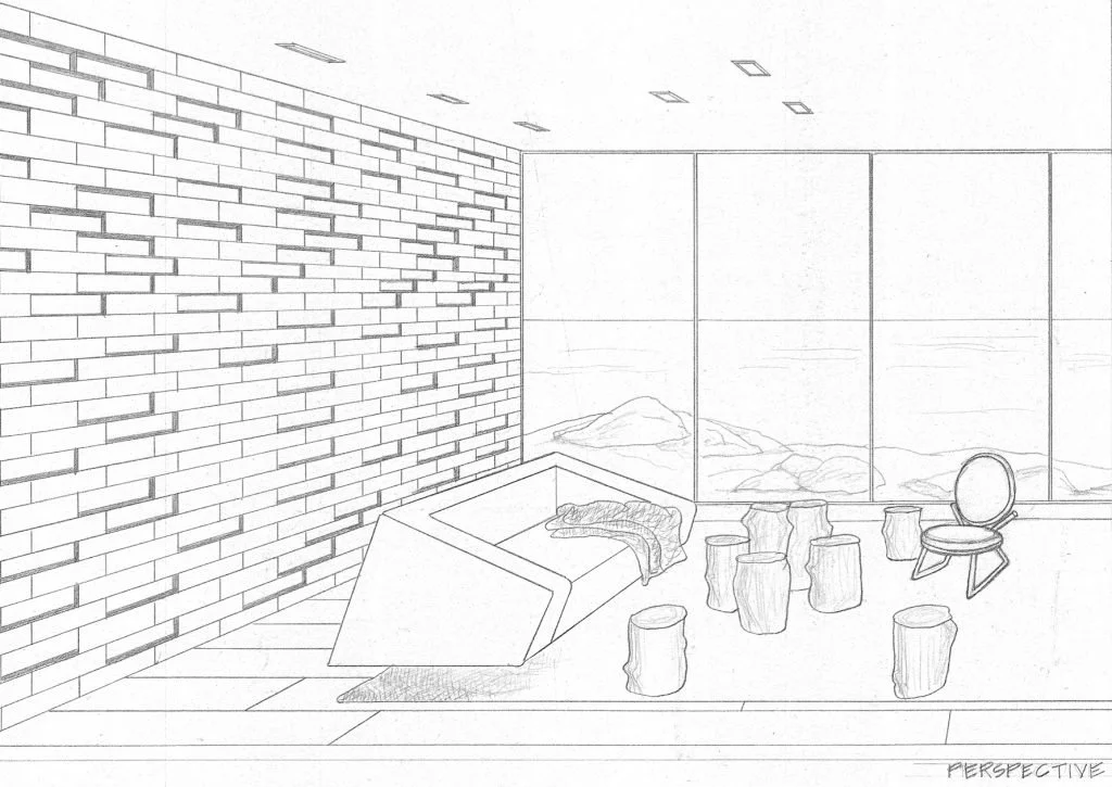 A minimalist interior sketch with a brick wall on the left, a large window showing mountains outside, and furniture including a modern bed, a round mirror on a chair, and several log-stool seats.