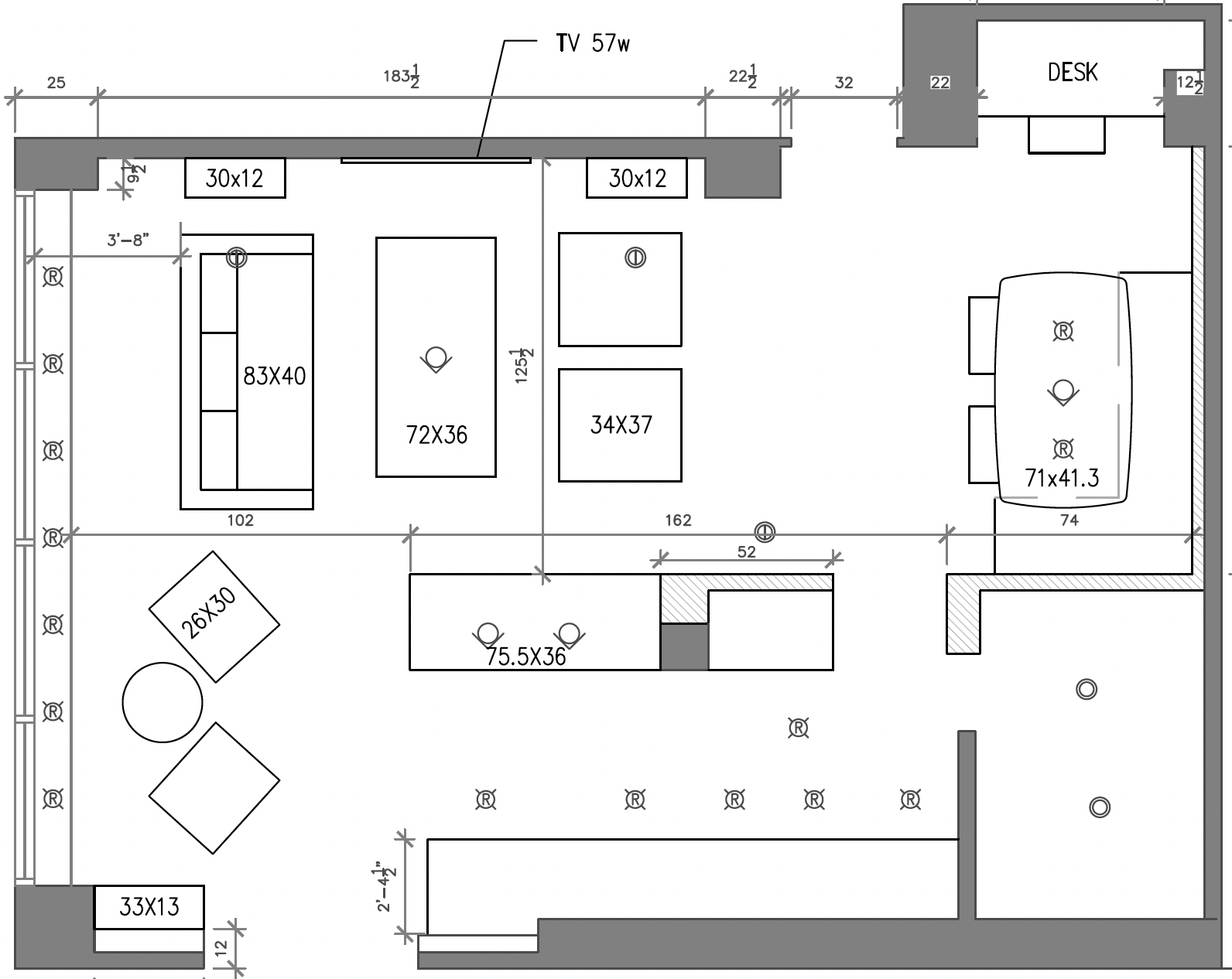 Floor plan of an office space showing furniture arrangements and room dimensions.