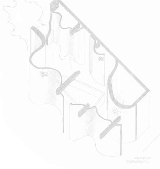 Architectural sketch of a wall with various openings, pipes, and structural elements in axonometric view.