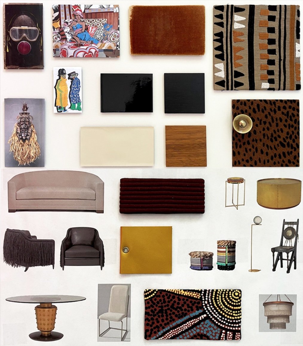 A collage of various interior design elements, including furniture, wall art, fabric swatches, and decorative objects.