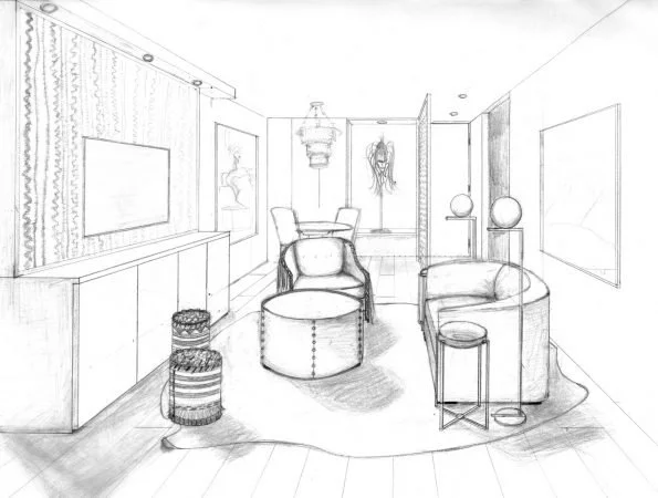 Sketch of a stylish living room with a wall-mounted TV, artwork, a chandelier, comfortable chairs, side tables, and decorative vases.