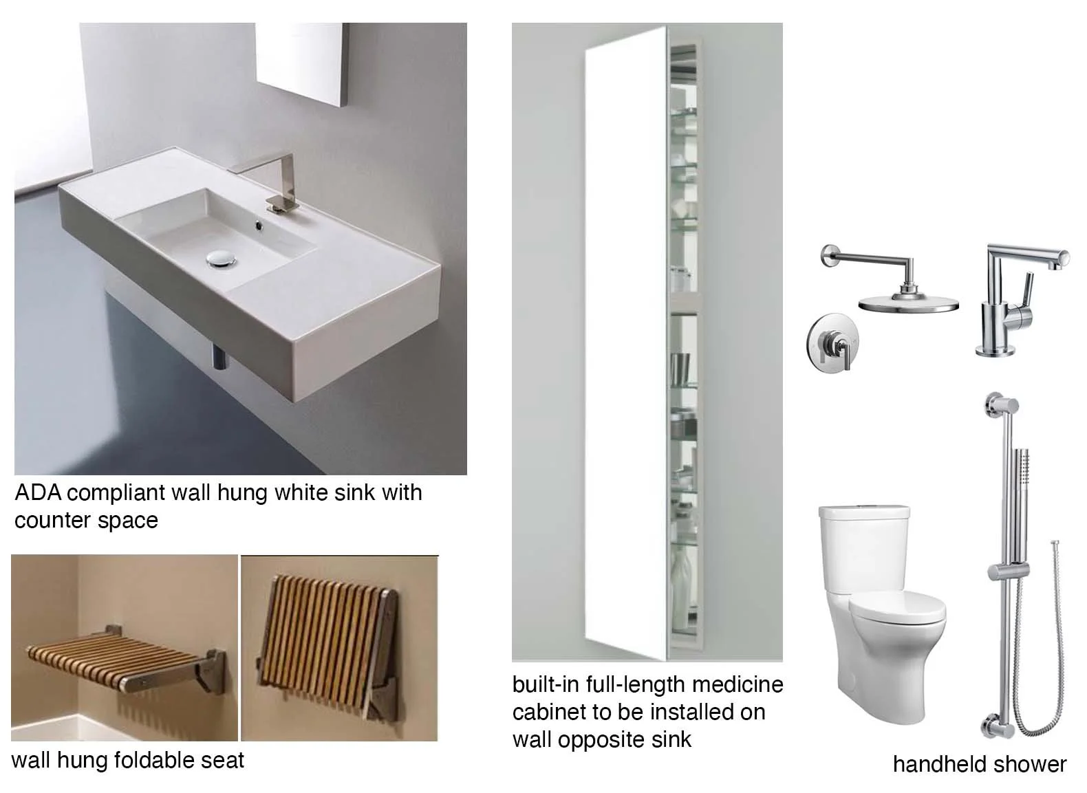Image showing ADA compliant bathroom fixtures including a wall-hung white sink with counter space, a tall medicine cabinet to be installed on the wall opposite the sink, a wall-hung foldable seat with two different views, a toilet, and a handheld sho