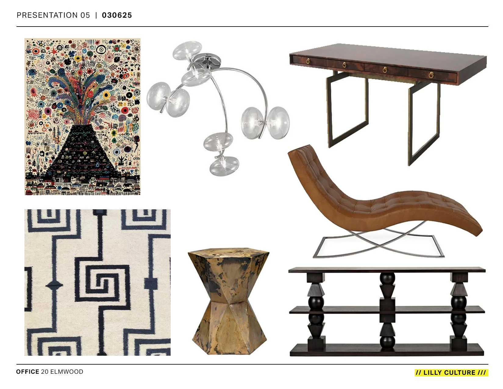 Collage of contemporary furniture and decor including a colorful abstract artwork, a modern glass and metal chandelier, a dark wooden desk with drawers, a brown curved lounge chair with metal frame, a geometric cream and navy rug, a gold and black hexagonal side table, and a black wooden console table.