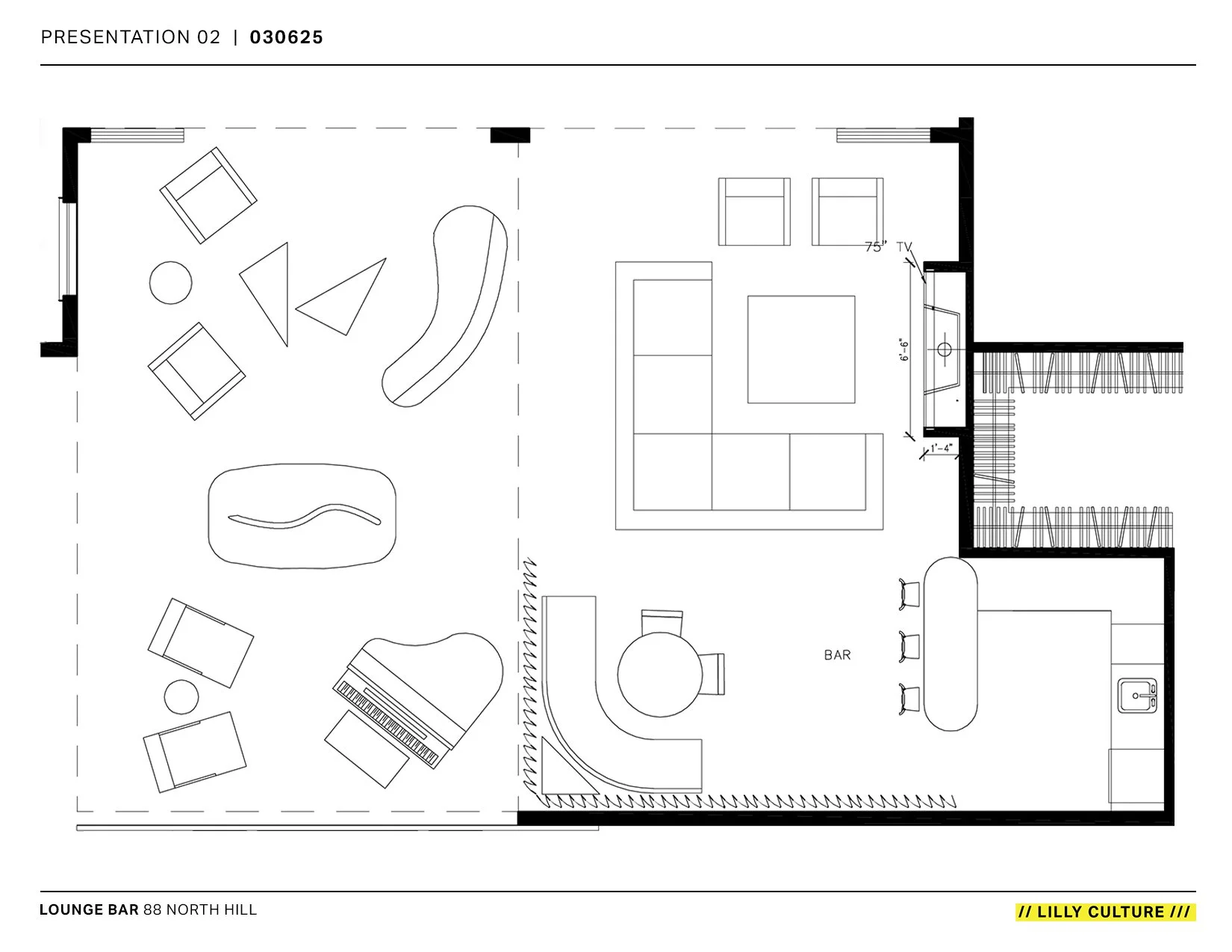 Floor plan of a lounge bar featuring seating areas, a piano, a bar counter with stools, a television, and a small sink area, labeled 'Lounge Bar 88 North Hill'.