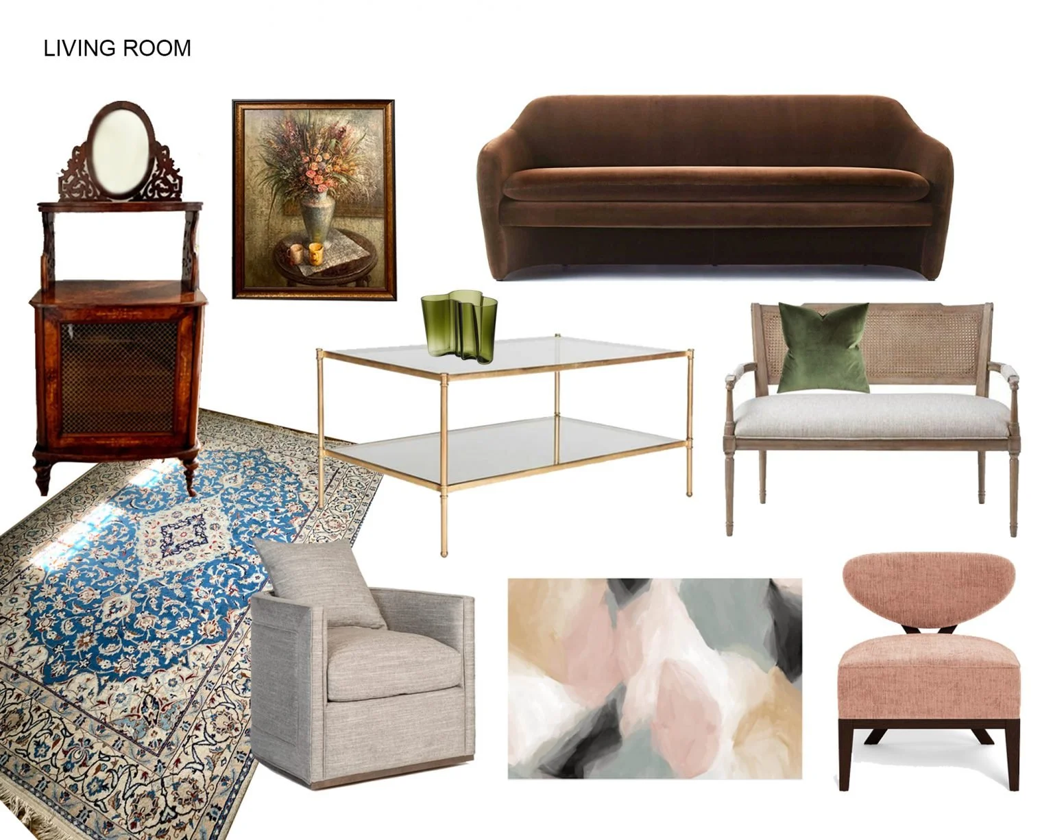 Collection of living room furniture and decor including a brown sofa, beige armchair with a green pillow, pink and black chair, wooden cabinet, framed painting of flowers, abstract art, a glass-top coffee table with a green sculpture, patterned area 