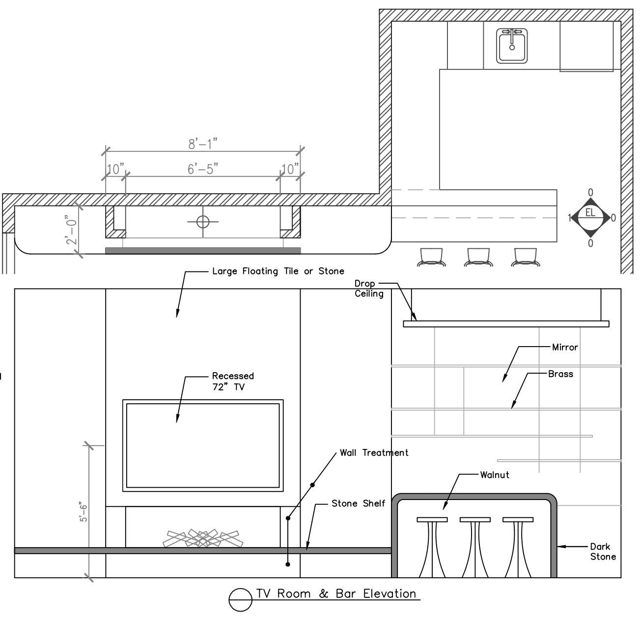 Blueprint drawing of a TV room and bar, showing dimensions, large floating tile or stone, recessed 72-inch TV, stone shelf, wall treatment, drop ceiling, mirror, brass, walnut, dark stone, and seating area with three chairs.