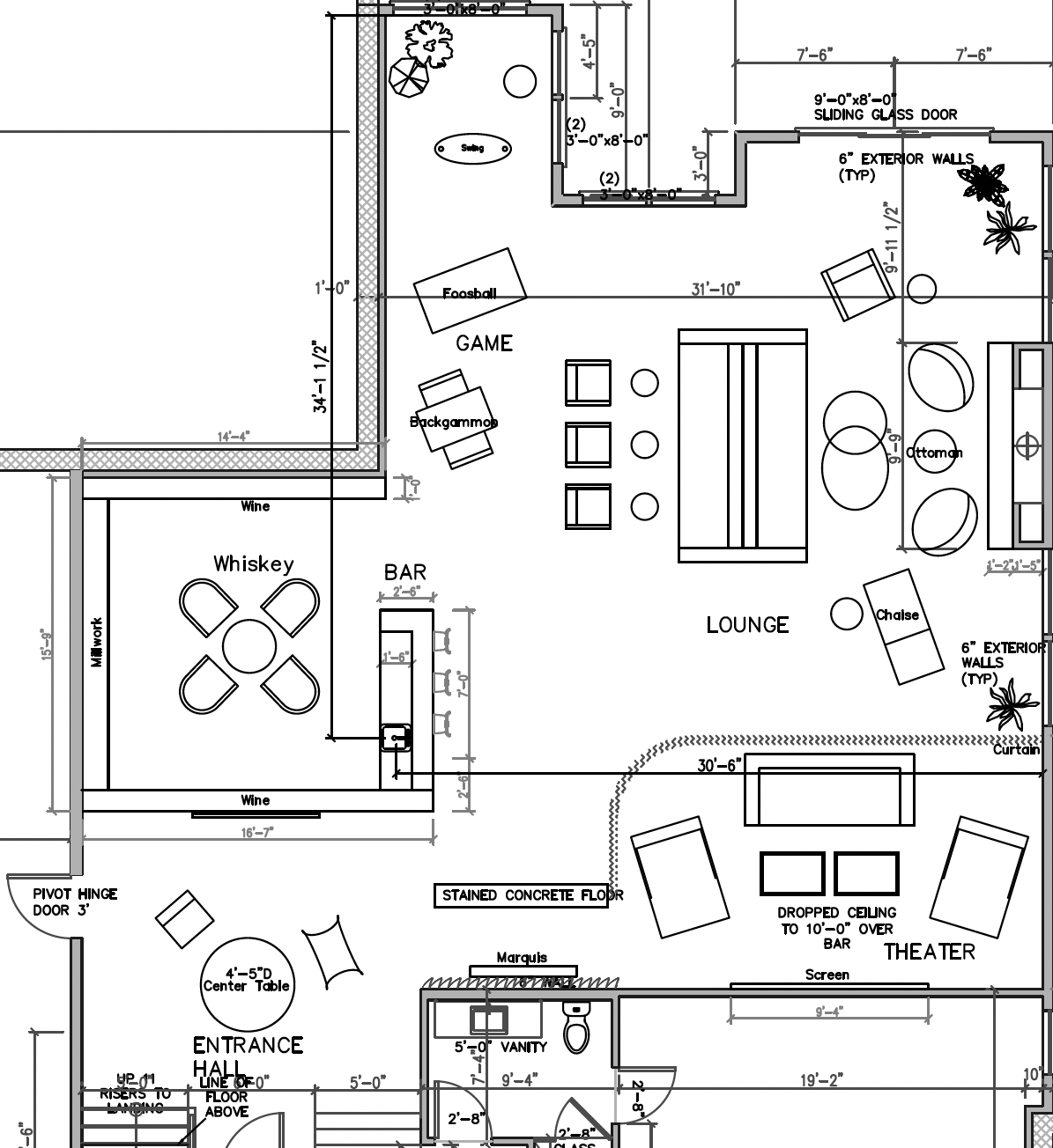 Floor plan layout of a living space including an entrance hall, lounge, theater area, game area, bar, whiskey section, and a small outdoor area with plants. Rooms are labeled with dimensions and furniture arrangements.