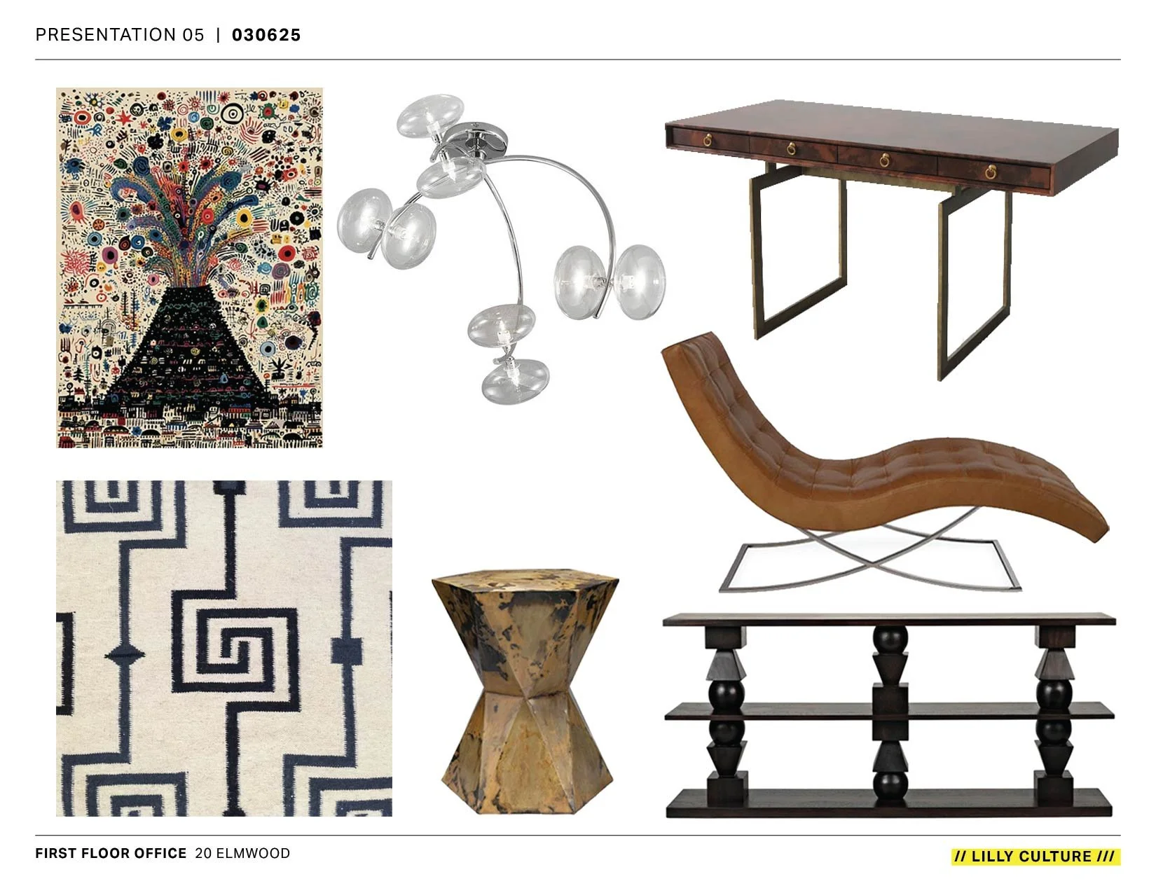 Deliverables Concept/Mood Board with a mix of furniture, art, rugs etc.