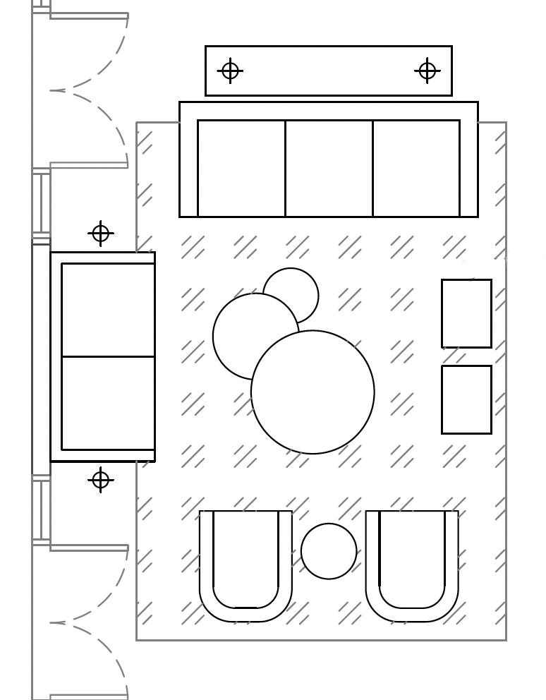 A floor plan of a living room with various furniture pieces, including sofas, tables, and chairs.