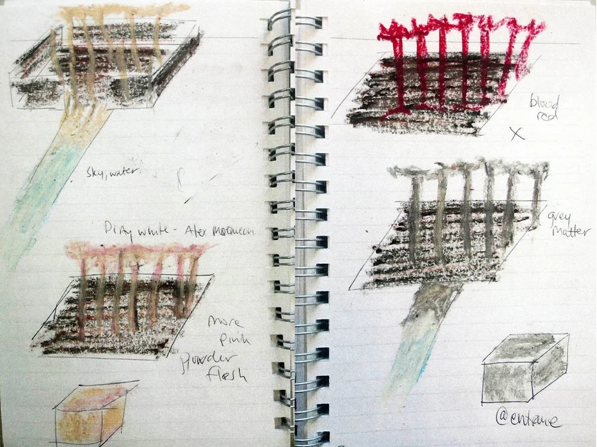 Sketches and notes of different textured surfaces, including sky water, pink powder, grey matter, blood red, and a 3D cube diagram, with annotations and color samples.