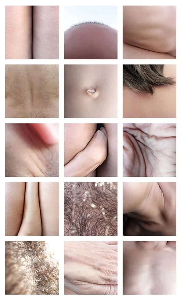 A collage of close-up images of various human body parts and skin textures.