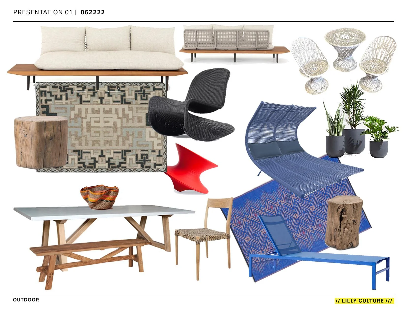 Collection of outdoor furniture, including a white couch with wooden arms, woven chairs, a black lounge chair, a blue sunbed with a canopy, a white table with wooden benches, a small woven basket, potted plants, a wooden stump, and decorative items.